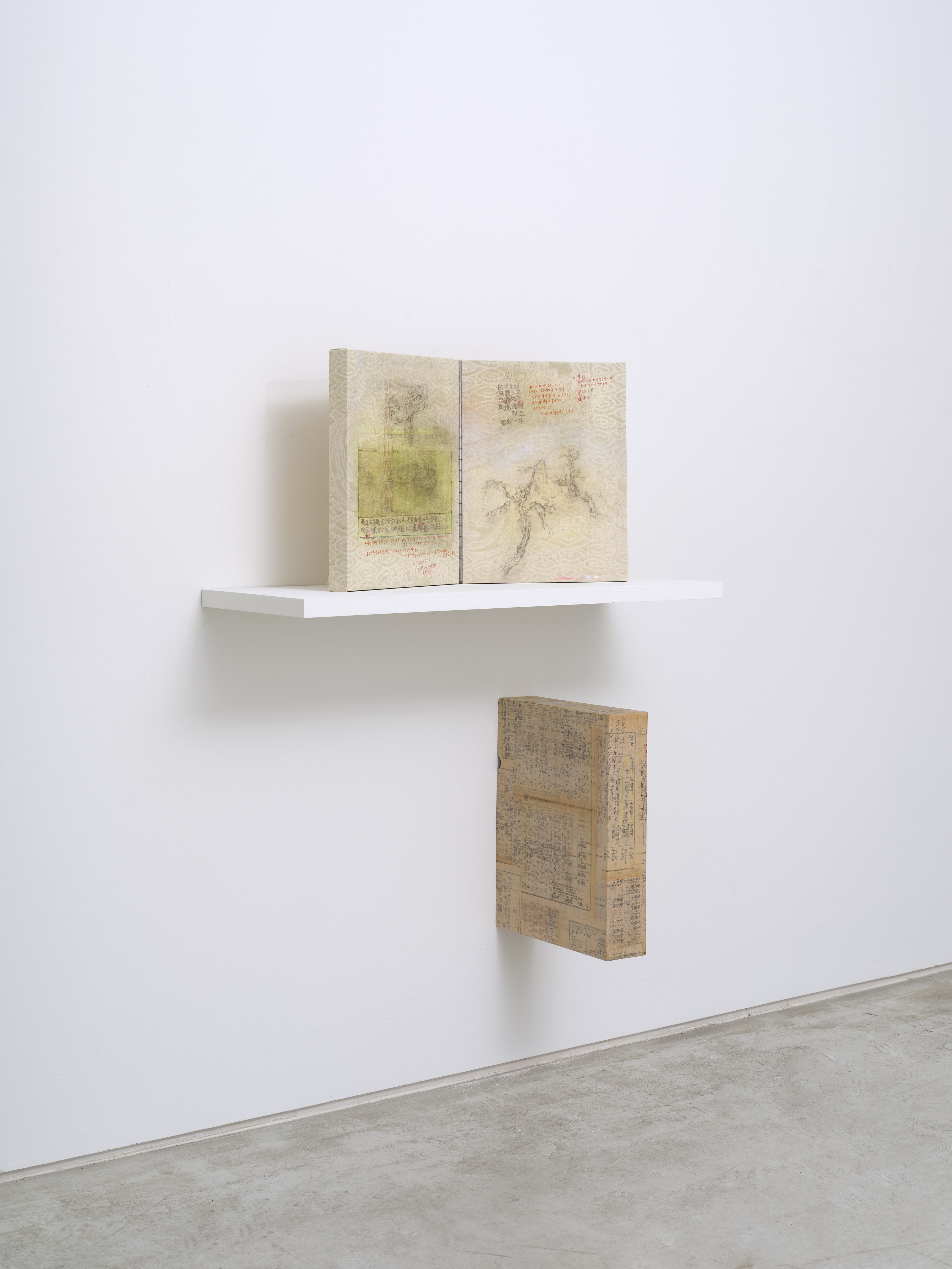 두 도술사의 실패 The Separate Failures of Two Taoist Sorcerers /  2025 / watercolor, traditional asian ink, silver ink, cinnabar ink, fluorescent ink, graphite on cottoncloth / Diptych, 41x31.8cm each (사진제공: Newspring Project)