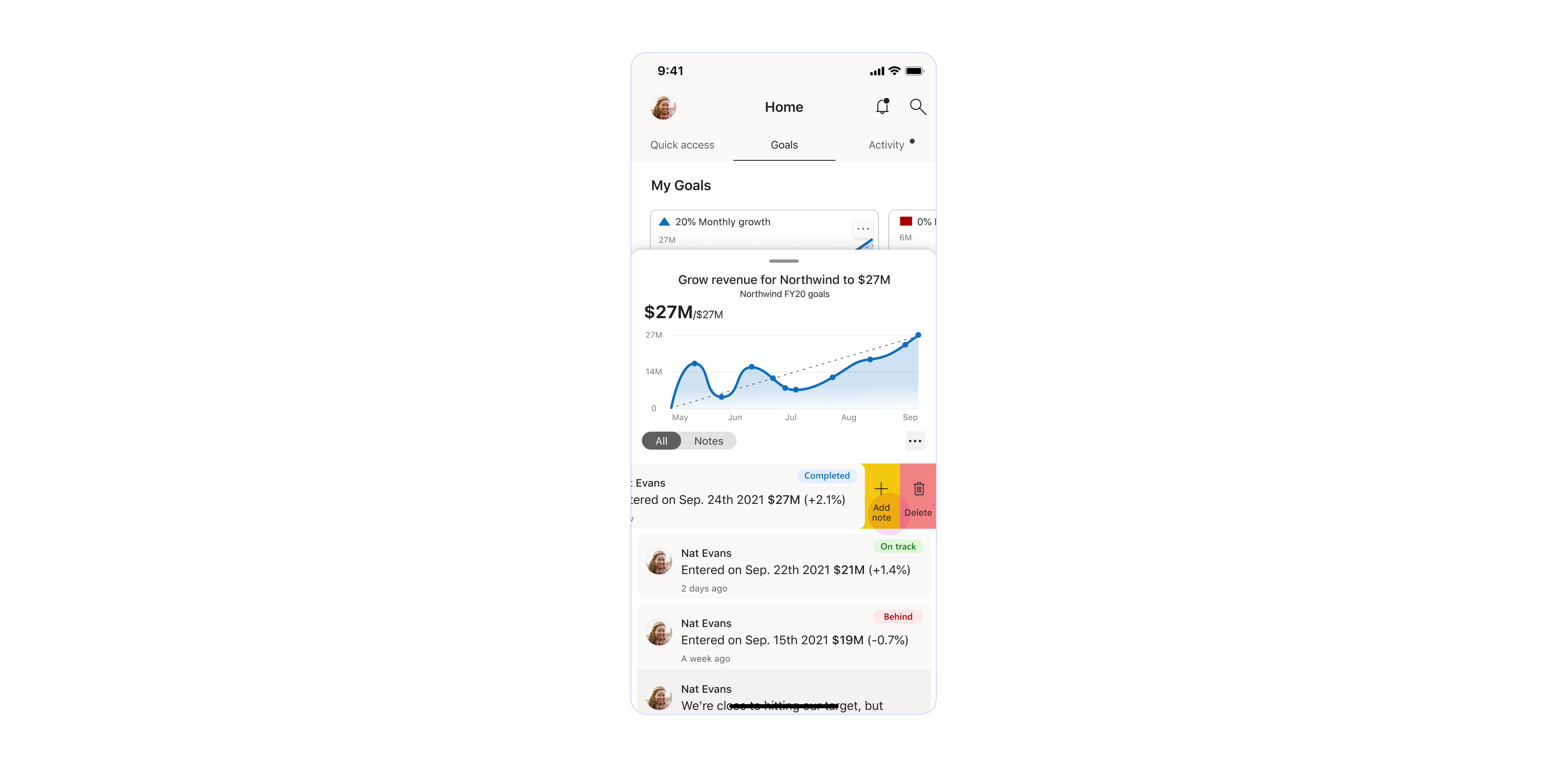 Swiping the activity reveals its available actions.