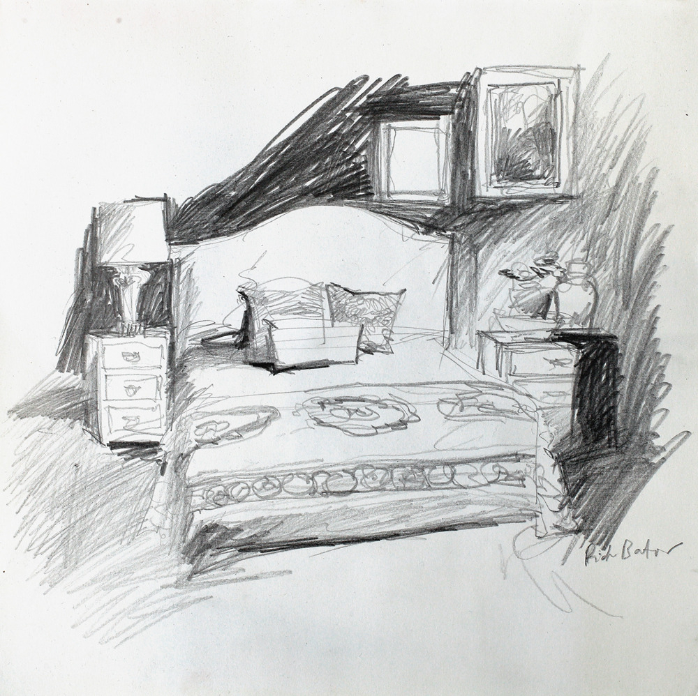 "Bed". Pencil on paper, approx. 25.5 x 25.5 cm / 10 x 10 inches