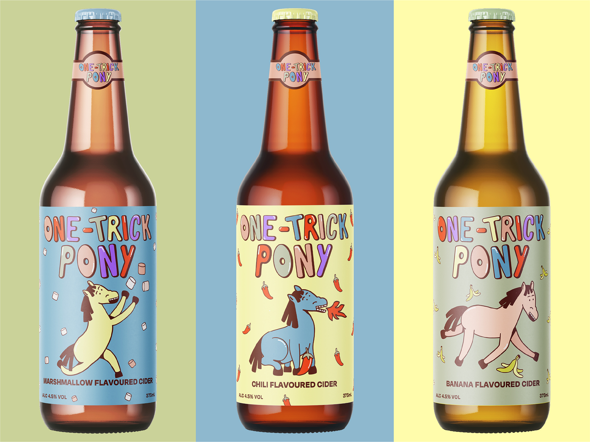 The idea for One-Trick Pony Cider came about when considering different social situations in which people drink. Inspired by the overly confident drunk at any event, I illustrated a series of silly ponies trying to perform tricks. These wacky flavoured ciders are sure to impress your mates. Or at least will try hard to.