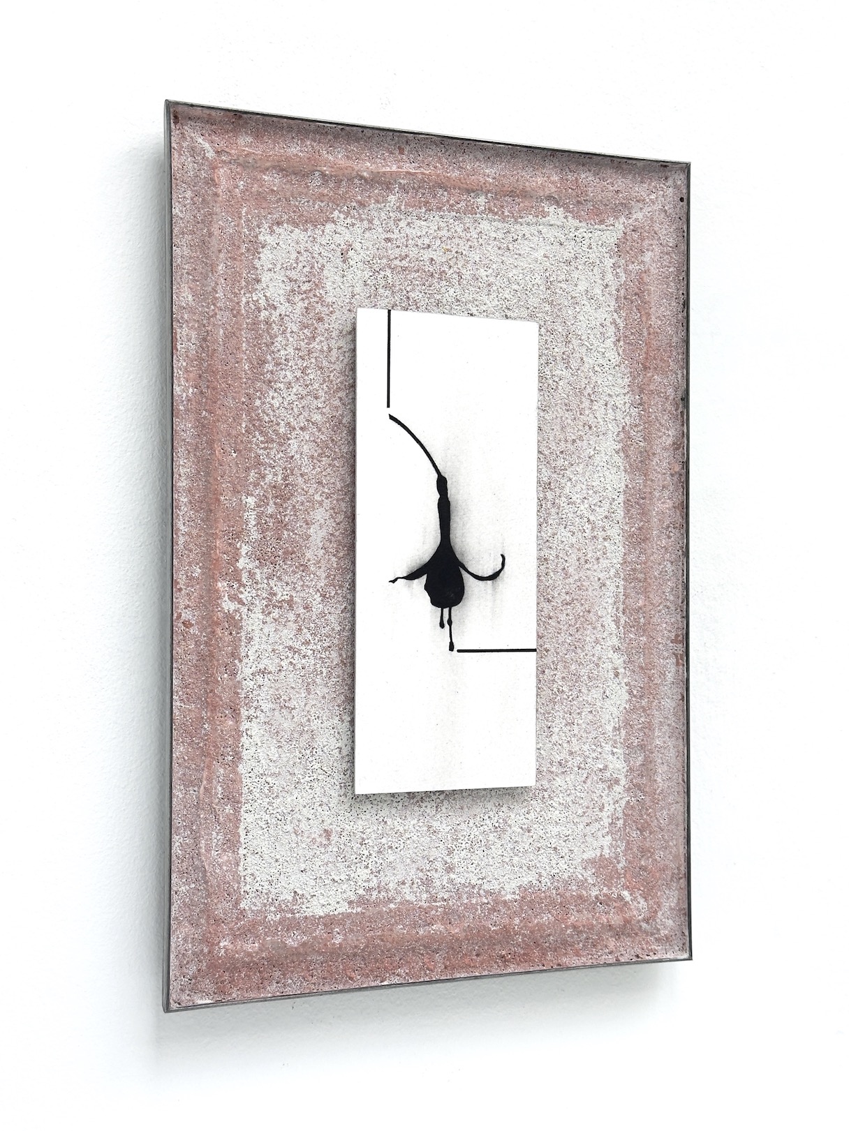 'What might be’, 2024, conté pencil and acrylic on paper/aluminium, plaster primer and wall render on aluminium and plaster profile, 30 x 20 cm.  