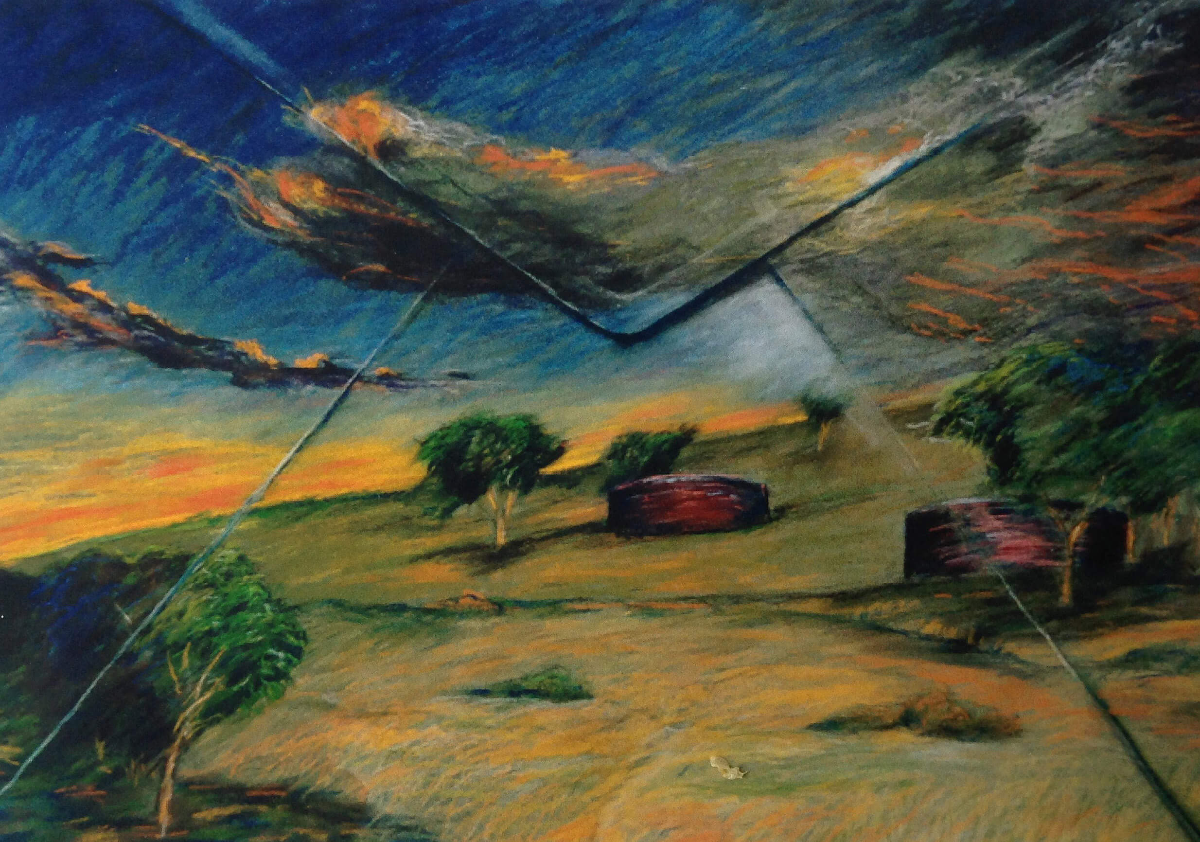 Water Tanks At Saints, Pastel on Paper, 20 x 30 cm.