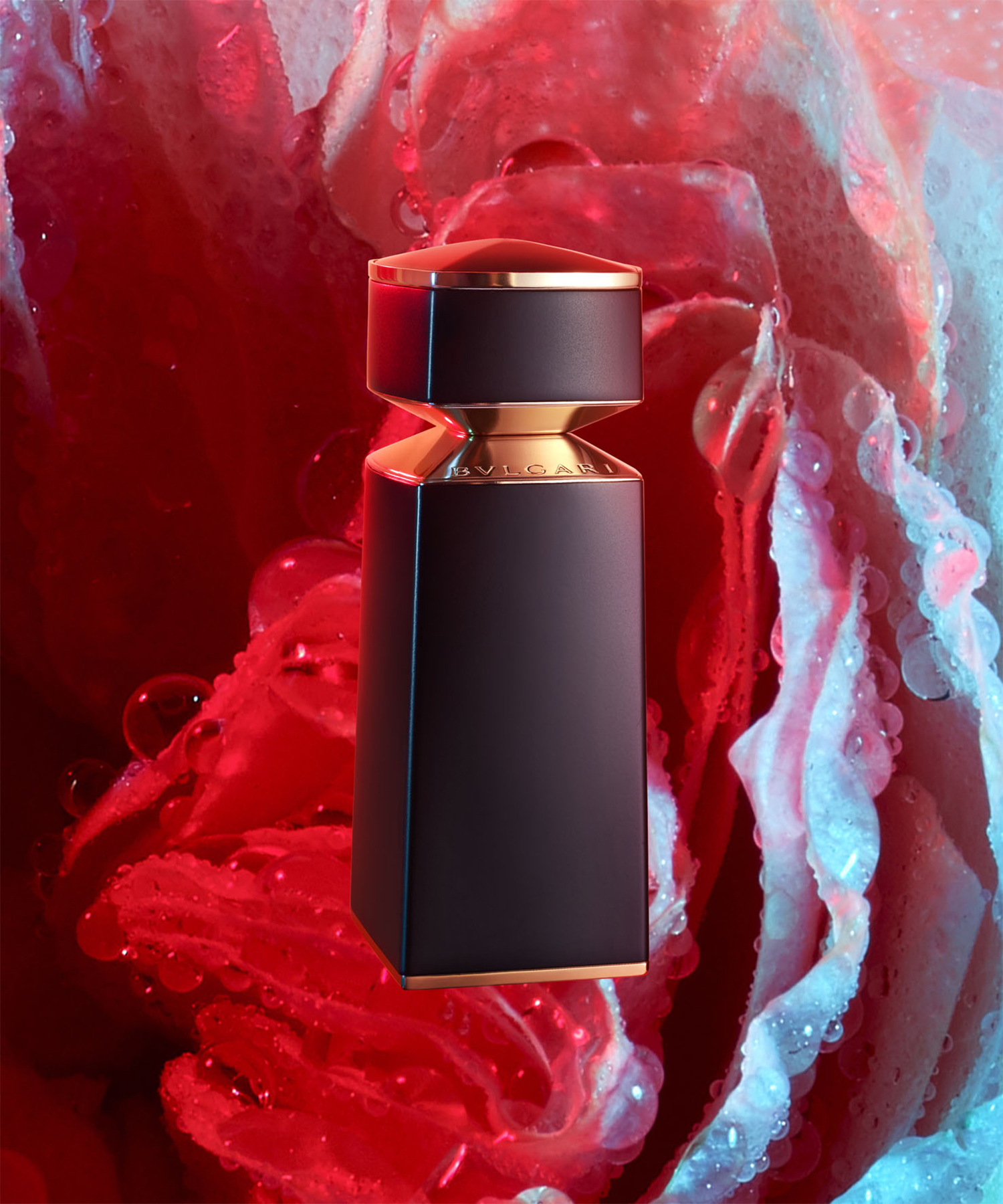 KMA Still Life Photographer Daniel Schweizer utilizes vibrant red and blue colors to showcase the sophisticated look of Bulgari's "Le Gemme" Fragrance