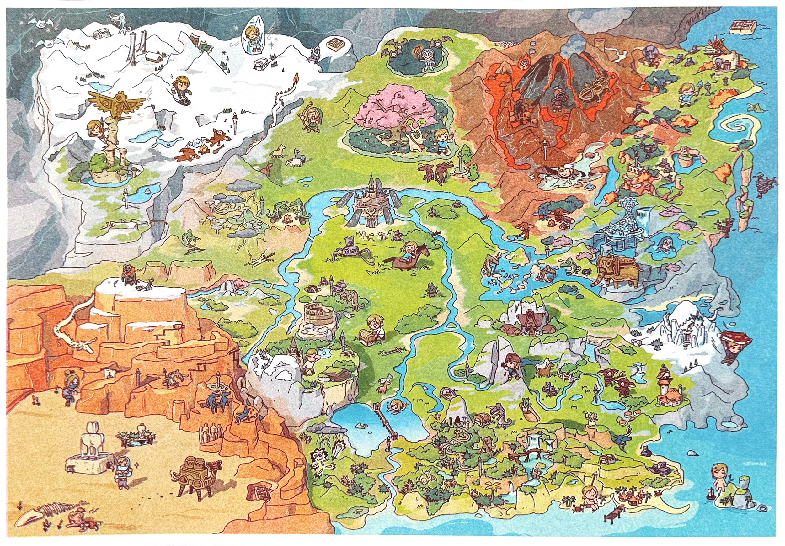 [breath of the wild] printed at punch kiss press with bright red, yellow, and aqua