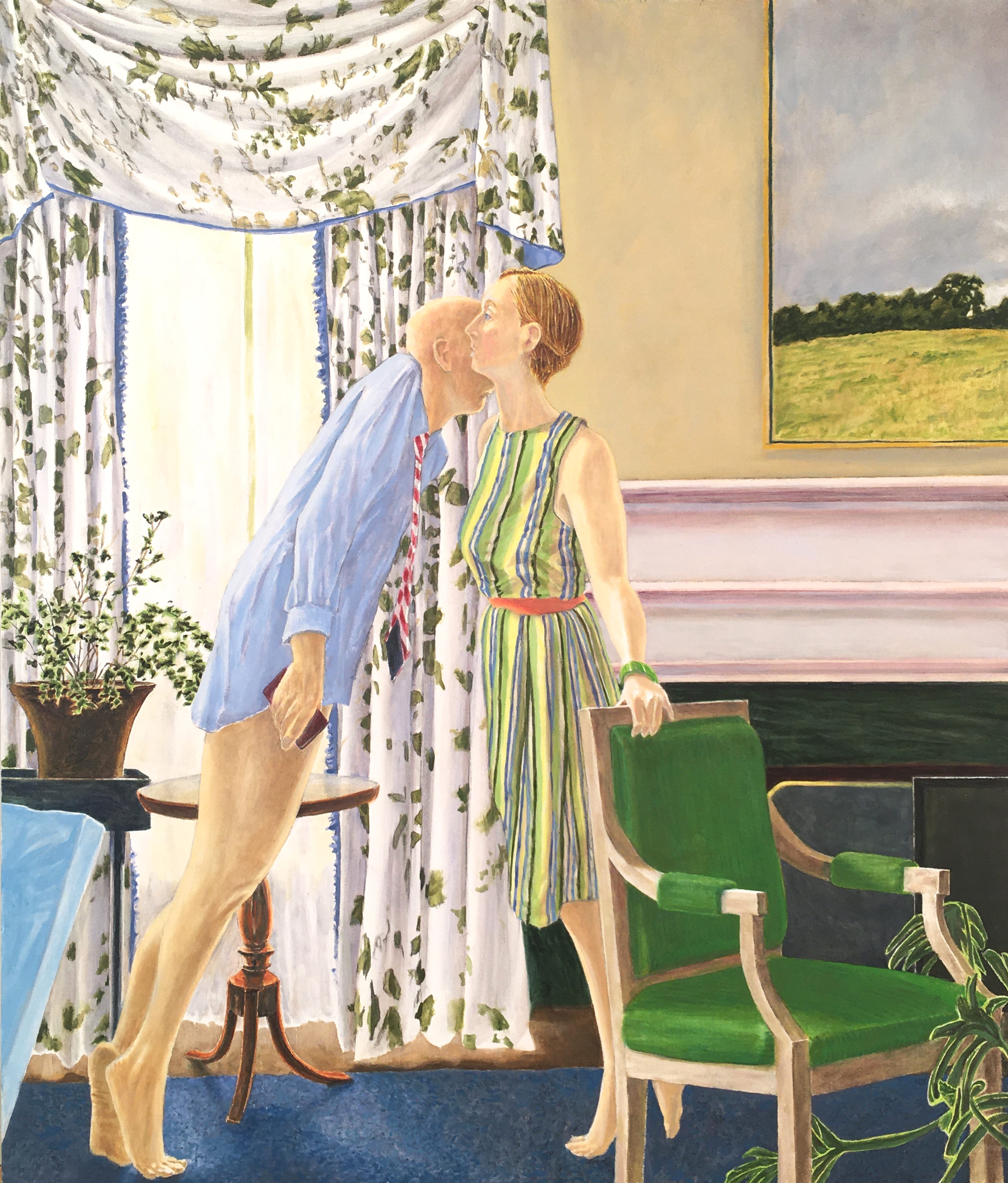 Like figures in some stylized tableau, oil on panel, 28 x 24 in