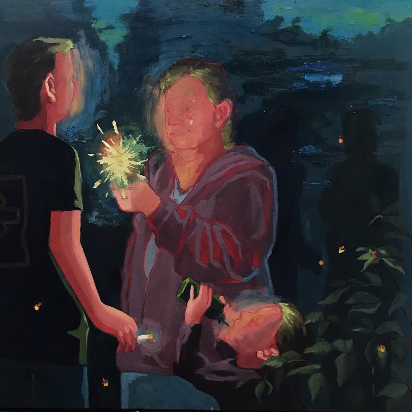 A painting of three figures with medium-light skin tone who are standing outside in the dark. The center figure, wearing a red hoodie, looks to the left, and is holding a bright sparkling object which illuminates the rest of the painting which includes another figure partially out of frame smoking a cigarette. To the right is a smaller child who is drinking something ambiguous out of, possibly, a bottle. The image is rendered in a flattened dream-like style.
