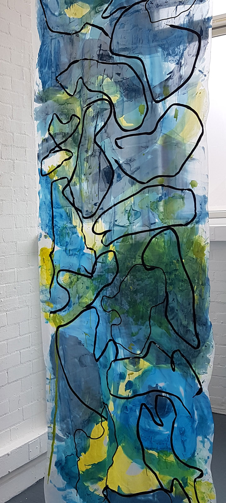 Camouflage (blue), 2021Silk panel, inks, shoelaces(300cm x 90cm)
