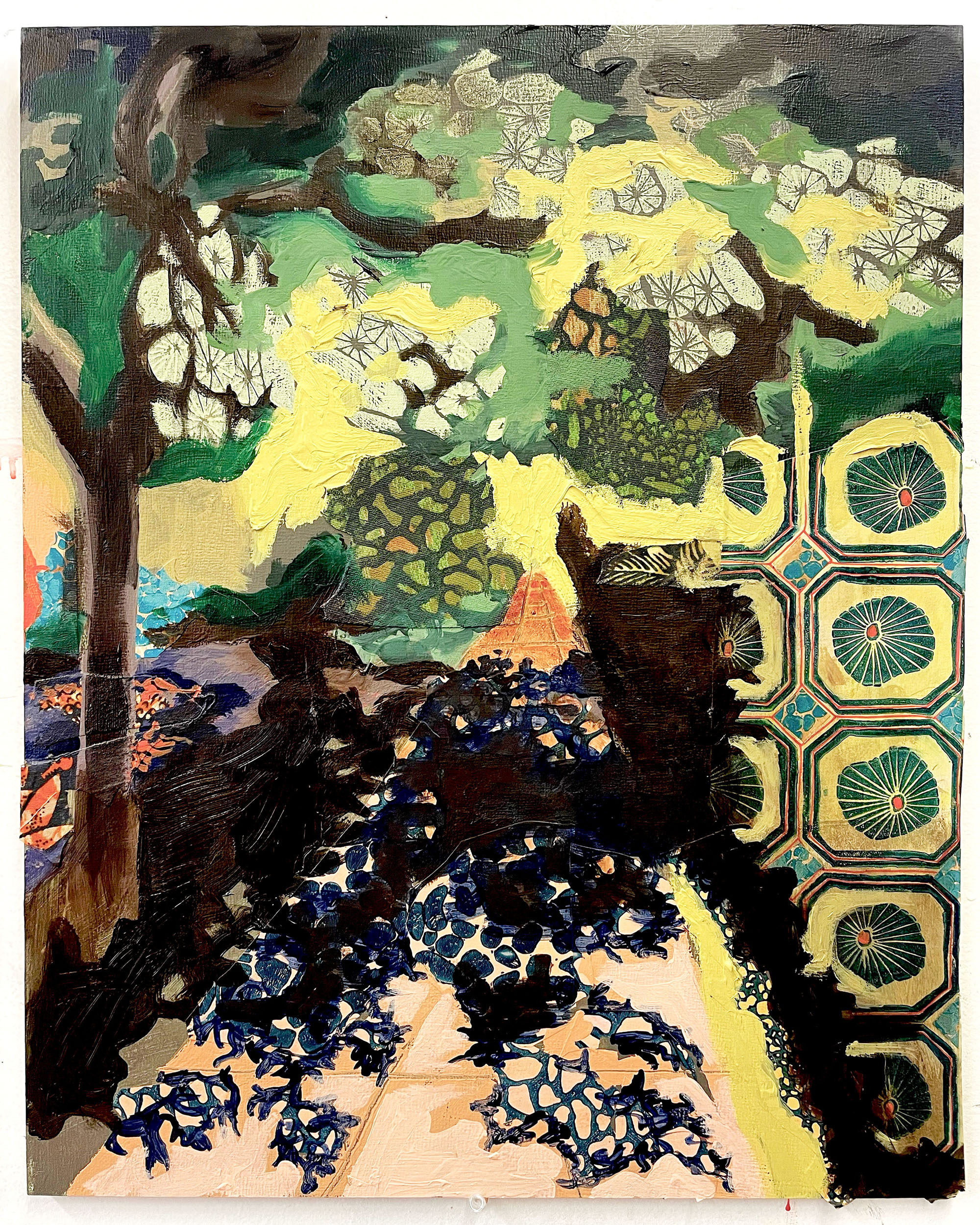 "Phantom" Oil, Acrylic, Paper, and Fabric on Board, 20” x 16”