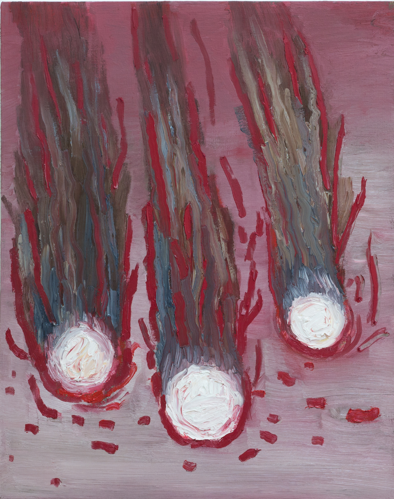 Tr&ecirc;s cometinhas, 2017, &oacute;leo sobre tela, 50 x 40 cm