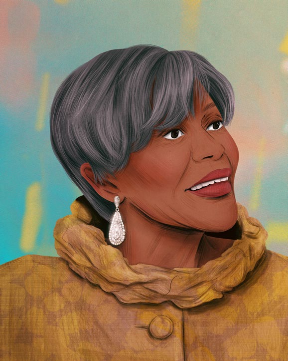Image Description: A portrait of late actress Cicely Tyson, done by Manjit Thapp. The portrait features Tyson wearing a cowl-neck style jacket and a pair of dangling crystal teardrop earrings. A pastel blue, yellow, and pink background contrasts with her short silver hair.