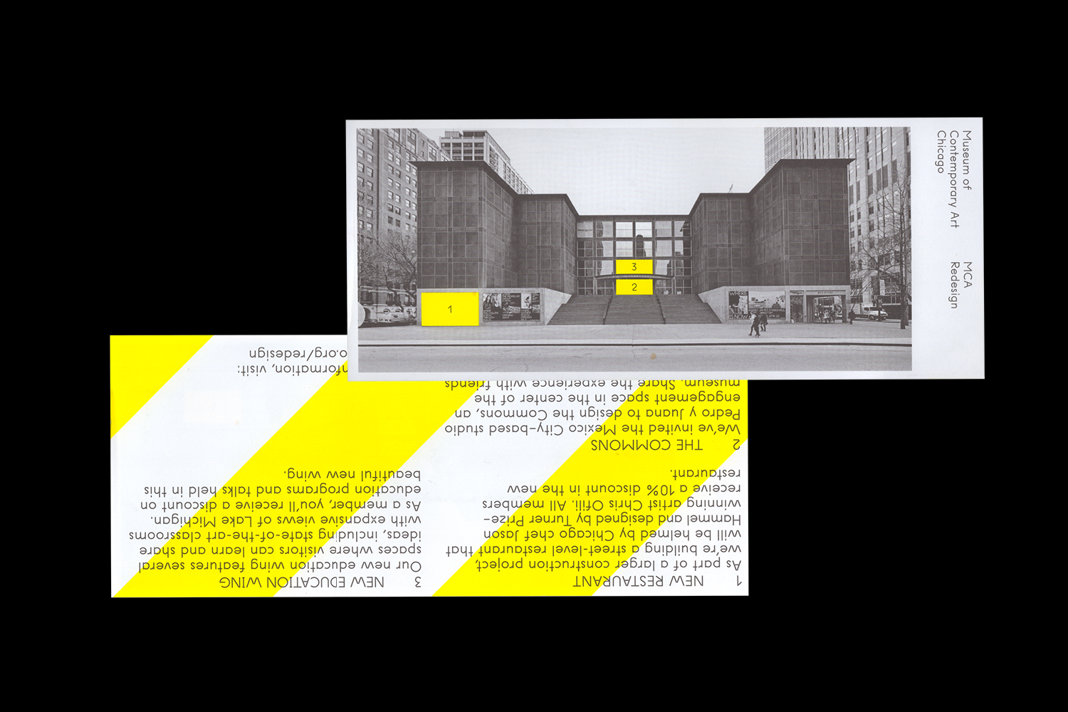 MCA CHICAGO RE: RE: RE: RENOVATION IDENTITY, 2017. Design Direction: Dylan Fracareta; Design: Gabriel Melcher.