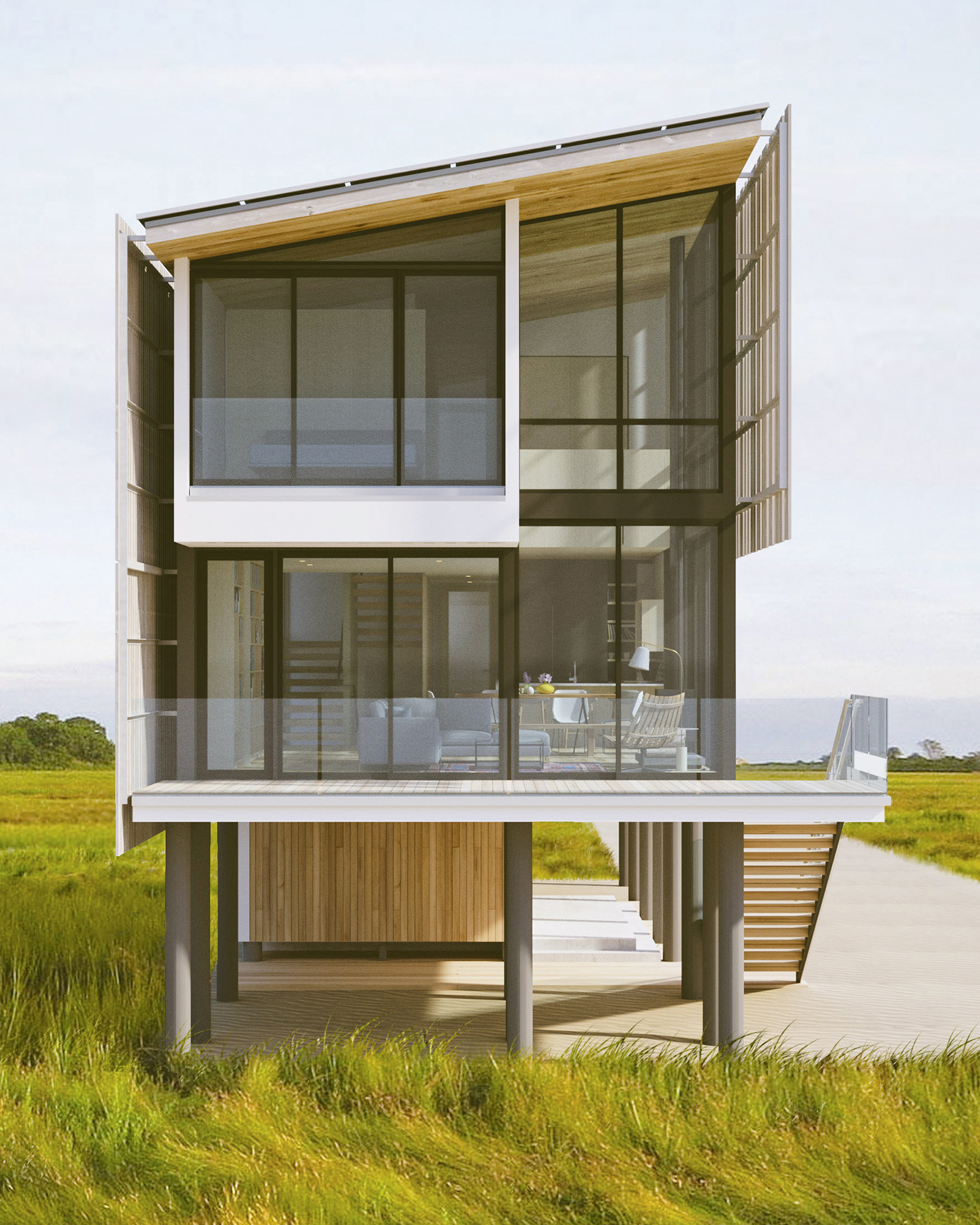 The Salt Box is an elevated modern coastal home in Mantoloking, NJ, showcasing the double-height glass volume, a sheltered lower deck, and the vertical Atlantic White Cedar rain screen against the Barnegat Bay salt marsh landscape.