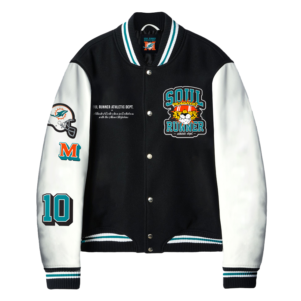 MIAMI DOLPHINS x SOUL RUNNERFully custom felt and leather Varsity Jacketwith chenille  patches. 