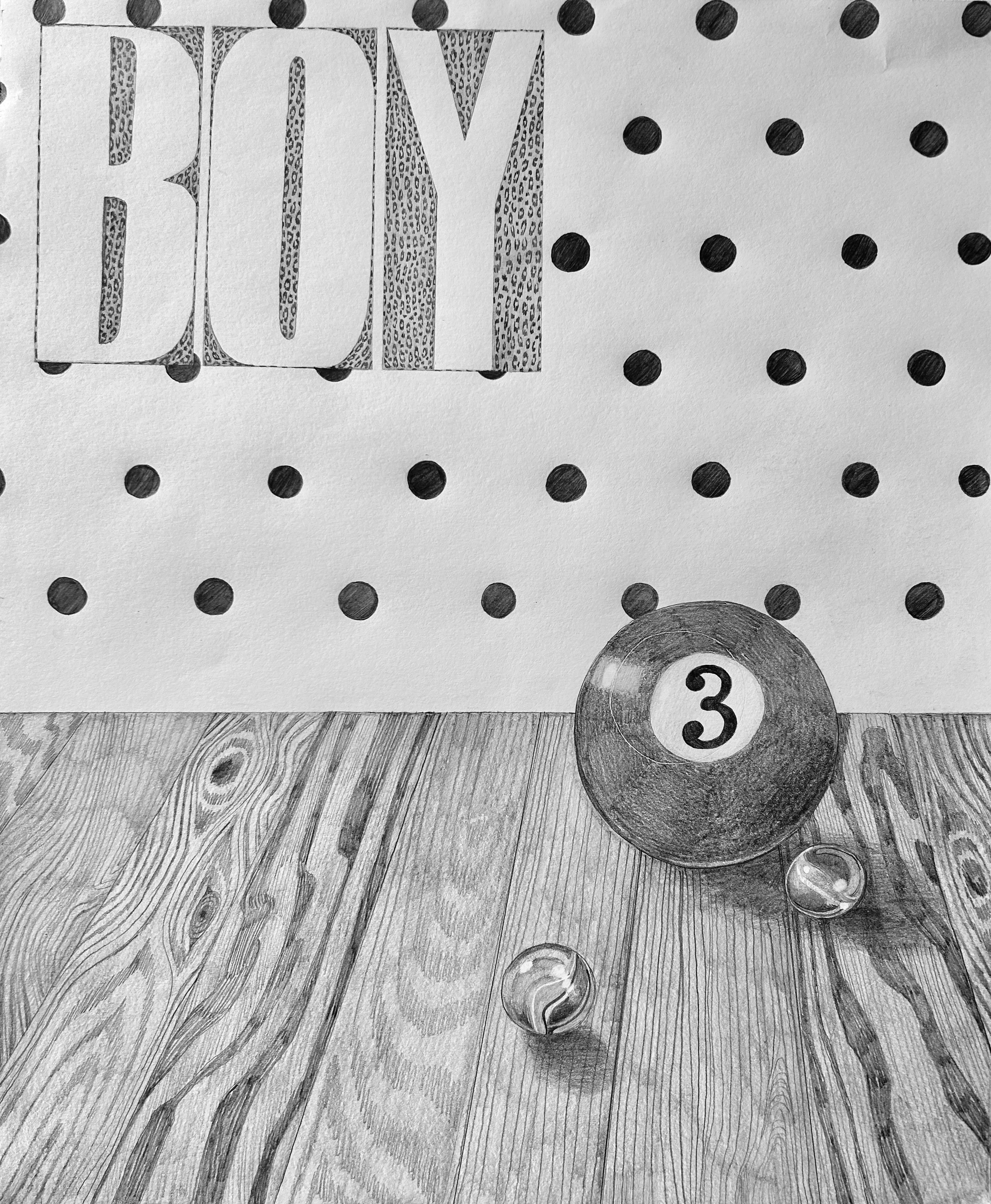 "BOY" graphite on paper, 14"x17", April 2025.