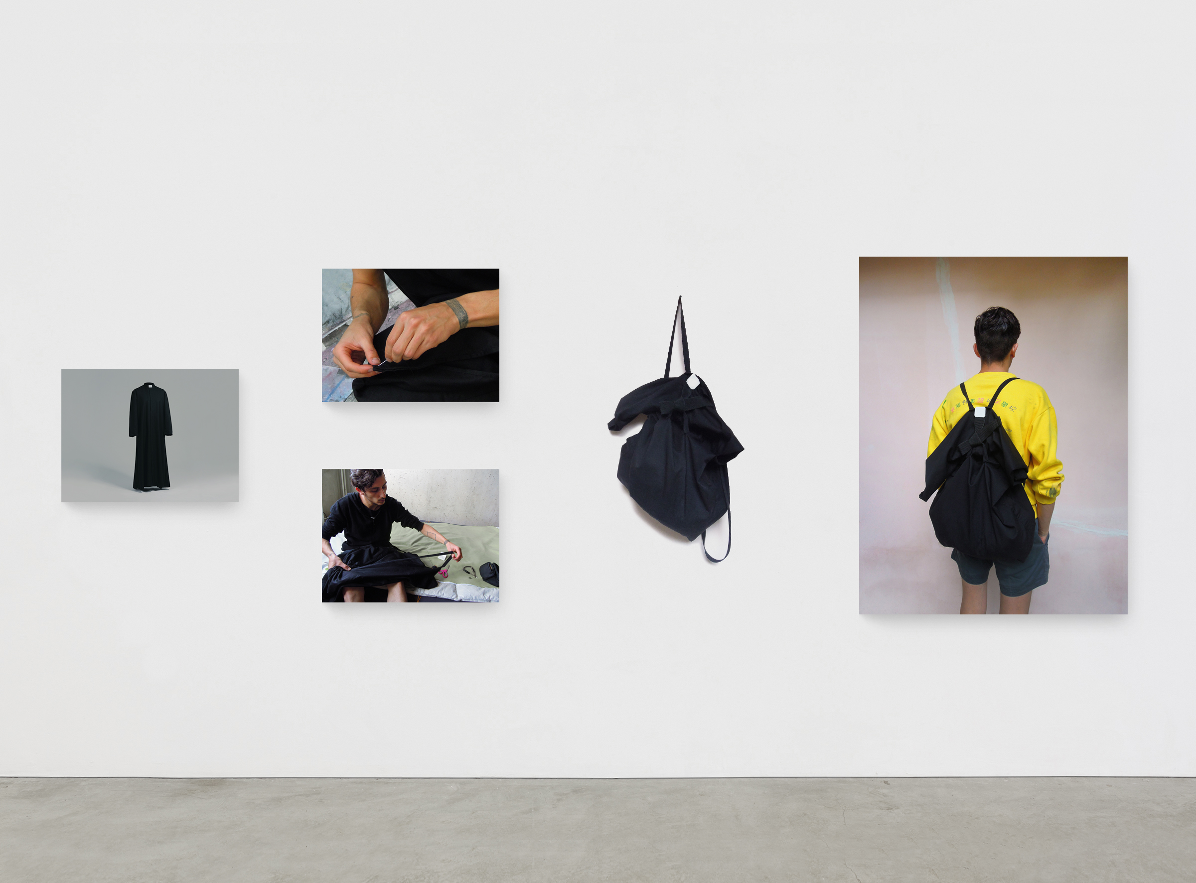 BACKPACKObject, photo, sizes variables, 2012In 2012, I worked at the 7th Berlin Biennale. The project took place in the old church of St. Elizabeth, which now functions as a cultural and artistic institution. One day, my backpack was stolen from there. When I was looking for it, among the abandoned items, I found an old church robe. Within a few days, I sewed it onto the backpack, thus reclaiming what was lost.