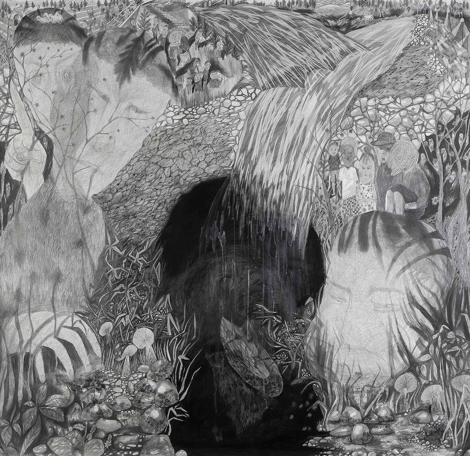 뱉은 말, 보낸 시선, 떠도는 강, 2018, 종이에 흑연, 잉크, 145x150cm