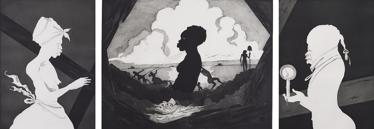 A three panel image that shows three characters. The left most image of a semi nude woman with a tied apron and tied headscarf rendered in white, the center image of a larger then life nude woman being lifted up out of the ocean by several smaller people with ropes, rendered in black, and the right most image of figure dressed in finer clothes, braided hair, and holding a candle, rendered in white.