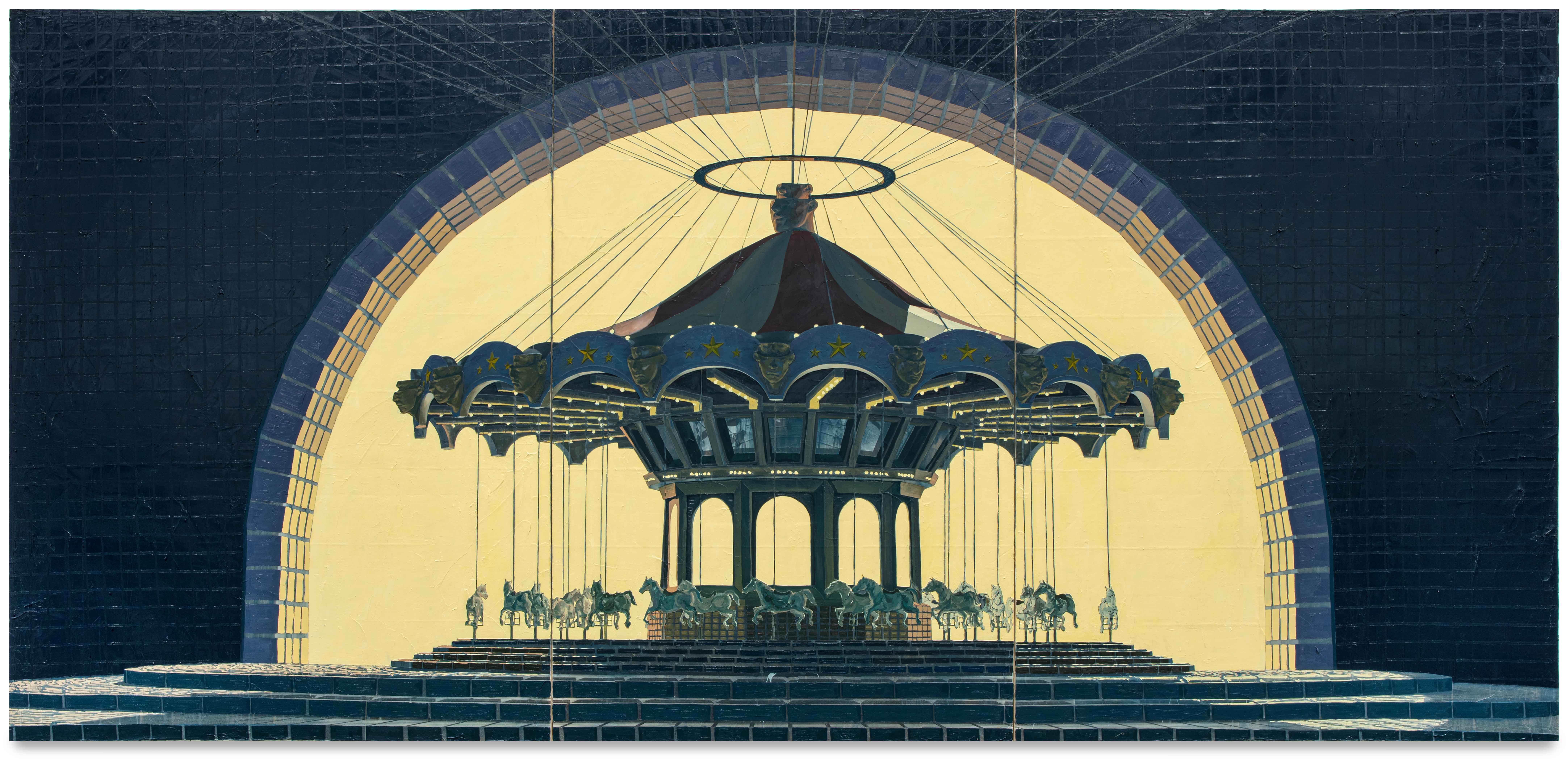 Ho Jae Kim, Carousel, 2023. Oil, inkjet transfer, enamel and paper on canvas. Triptych: 243.8 x 518.2 cm (96 x 204 in). Courtesy of the artist