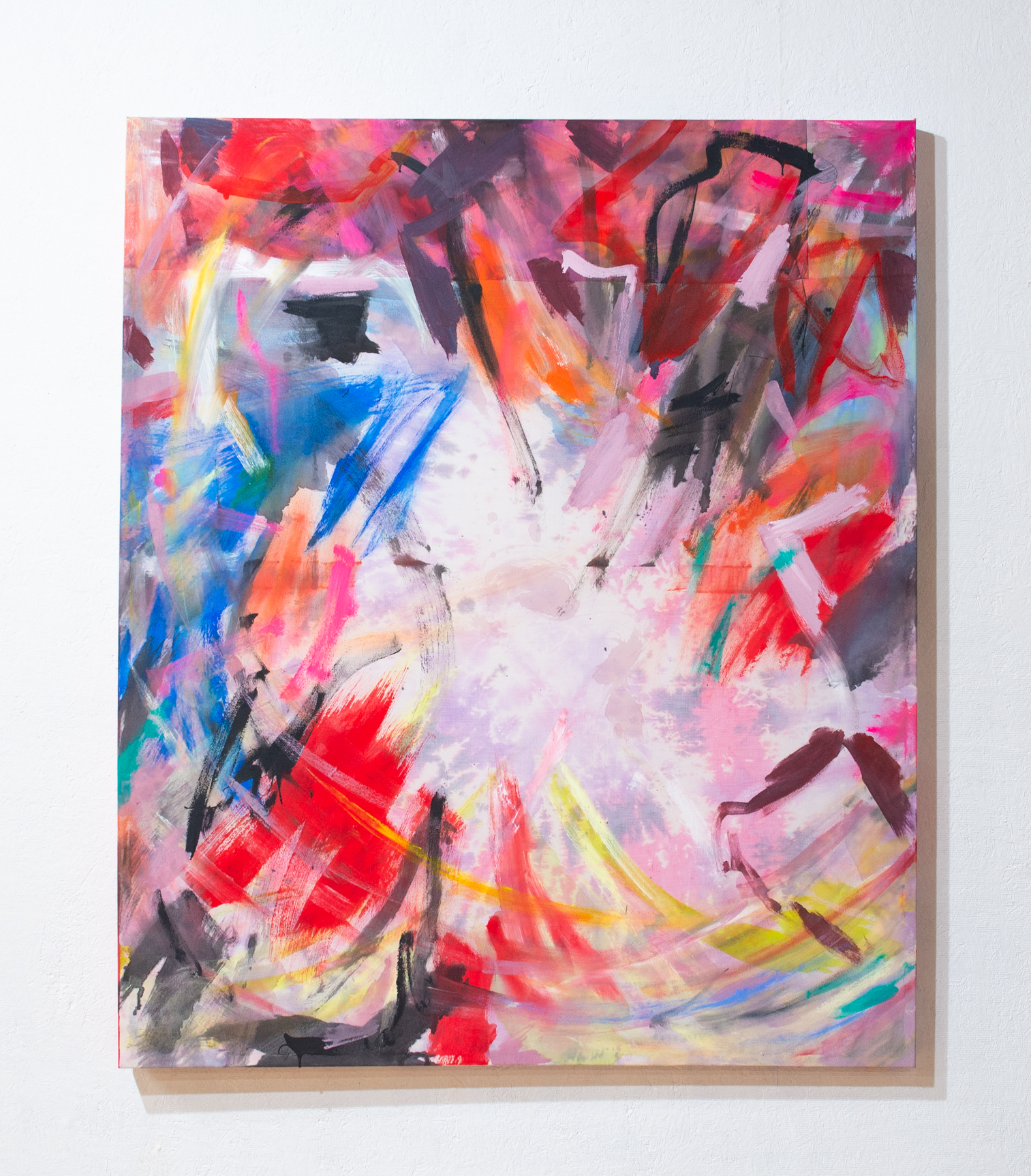 Portal. 2025. Acrylic on tie dyed and patchworked fabric. 40" by 48". 