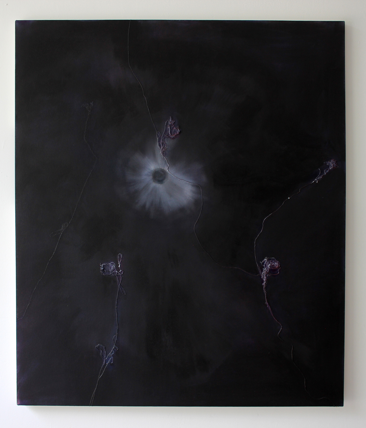 A ring of light on eyelid’s nightfall / oil on canvas with string / 54in x 48in / 2019