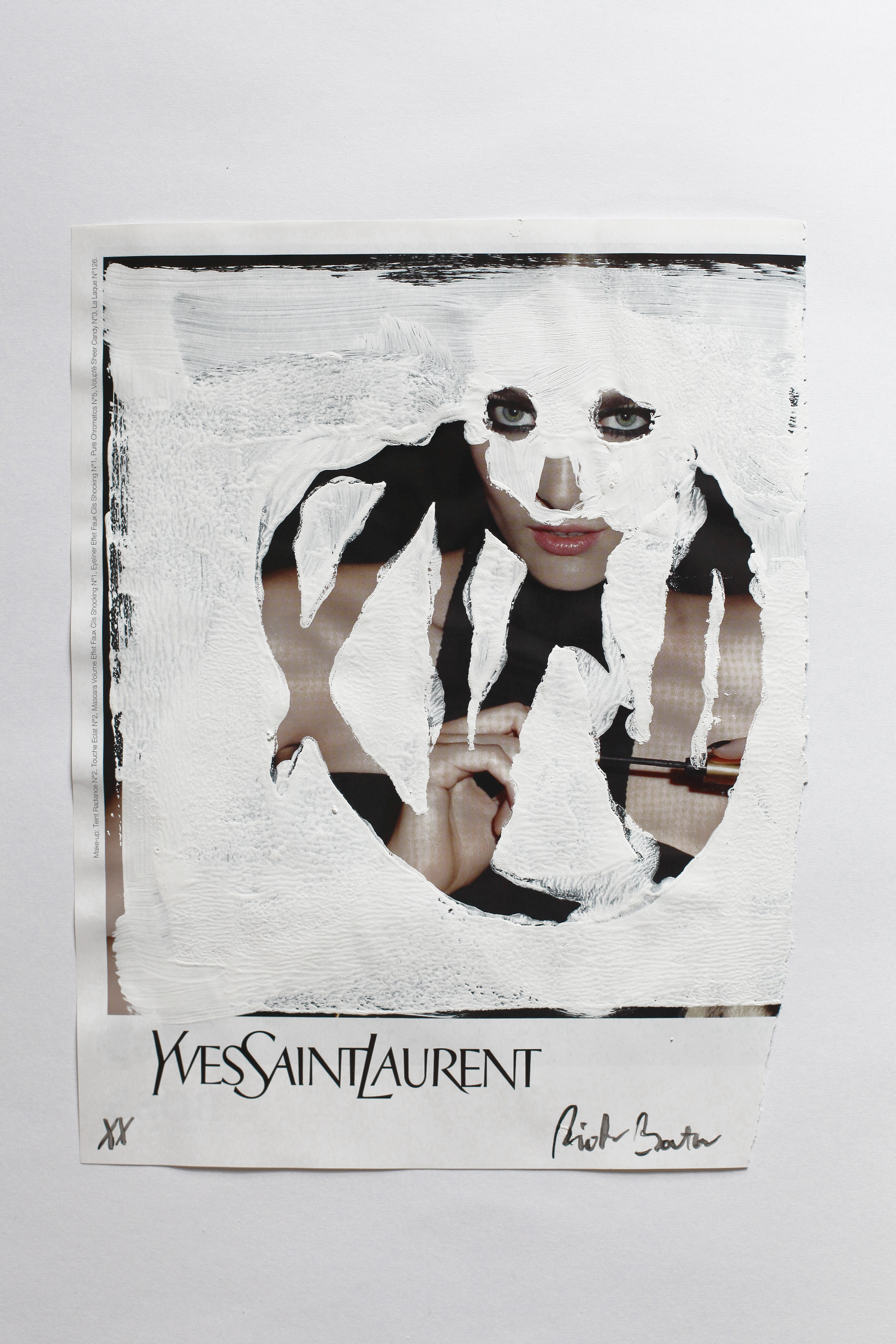 "No. 20" from "making faces" series. Approx. 28.5 x 22 cm / 11.2 x 8.6 inches. White household paint on magazine page