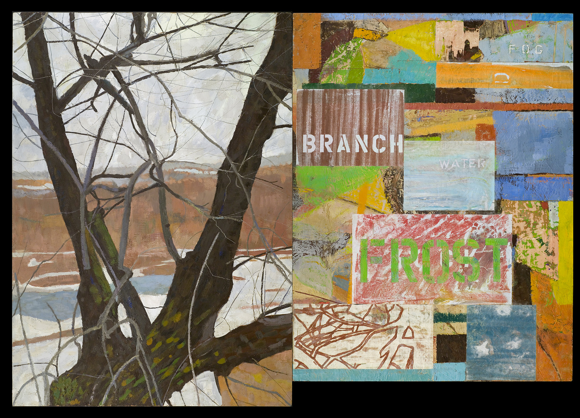 Branchwater. 2009. encaustic & collage on panel. 44 12/" X 63 1/2" (diptych) 