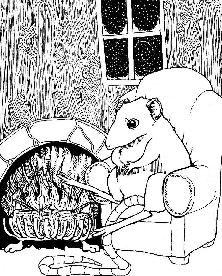 Mouse by Fireplace, Ink on Paper (2020)