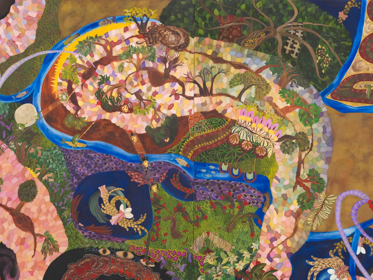 Detail of Facts and hearsay &mdash; an encyclopaedia of various natural and less natural phenomena, acrylic on canvas, 196 x 508 cm, 2024, image courtesy of White Cube, photography by Theo Christelis