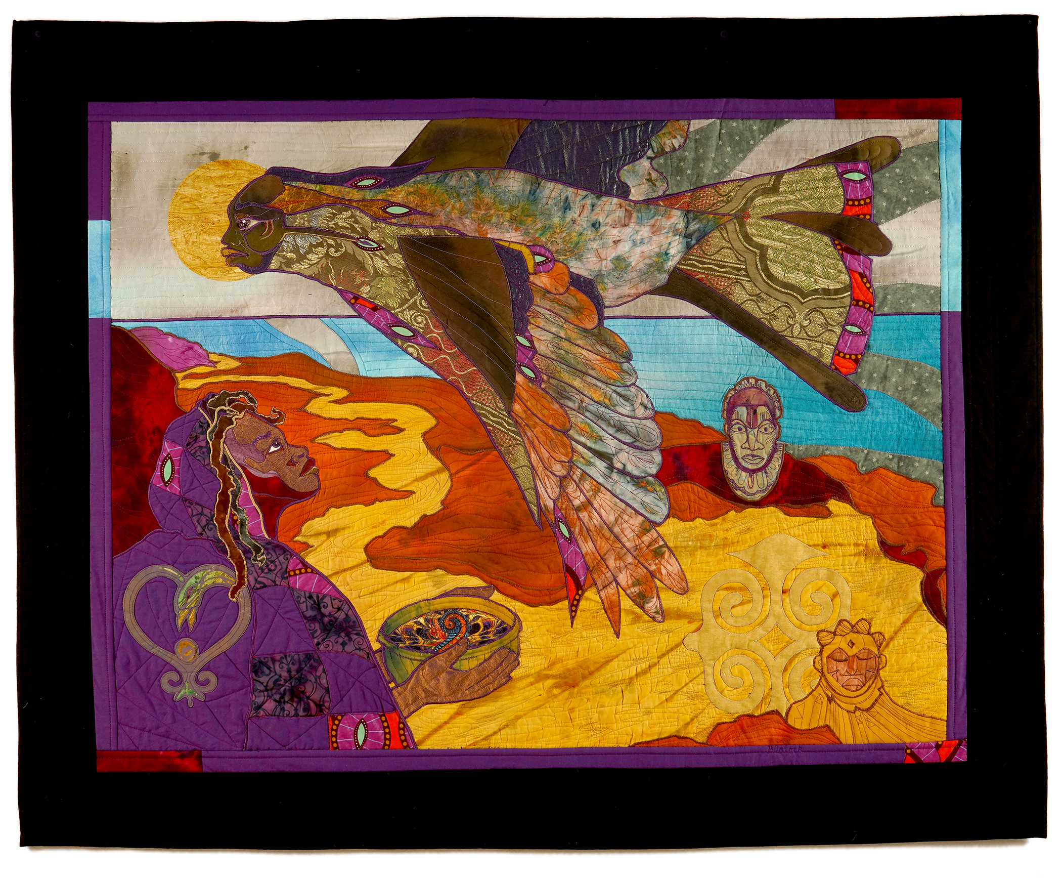 Color photo of a pictorial quilt that shows several figures with medium dark skin tone looking up at a large flying bird with a human face, all depicted in vibrant, fantastical technicolor.
