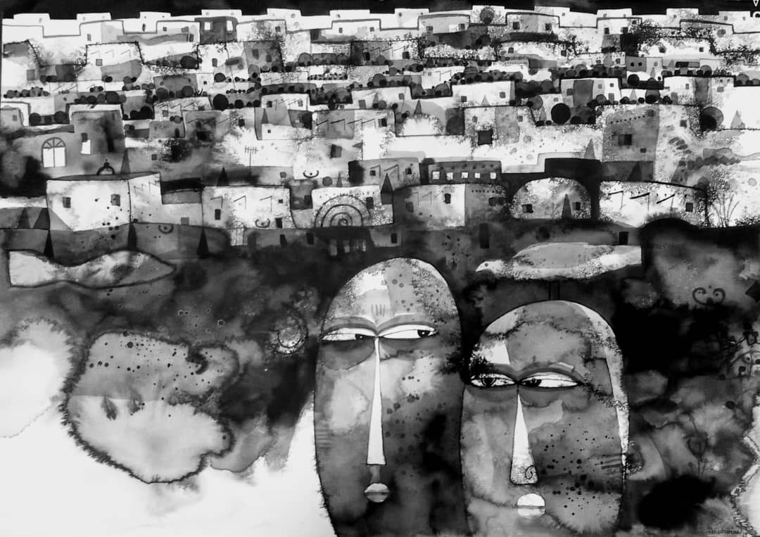 Abushariaa Ahmed, Memories 2, 2020, Ink on paper, 70 x 100cm, $4,000