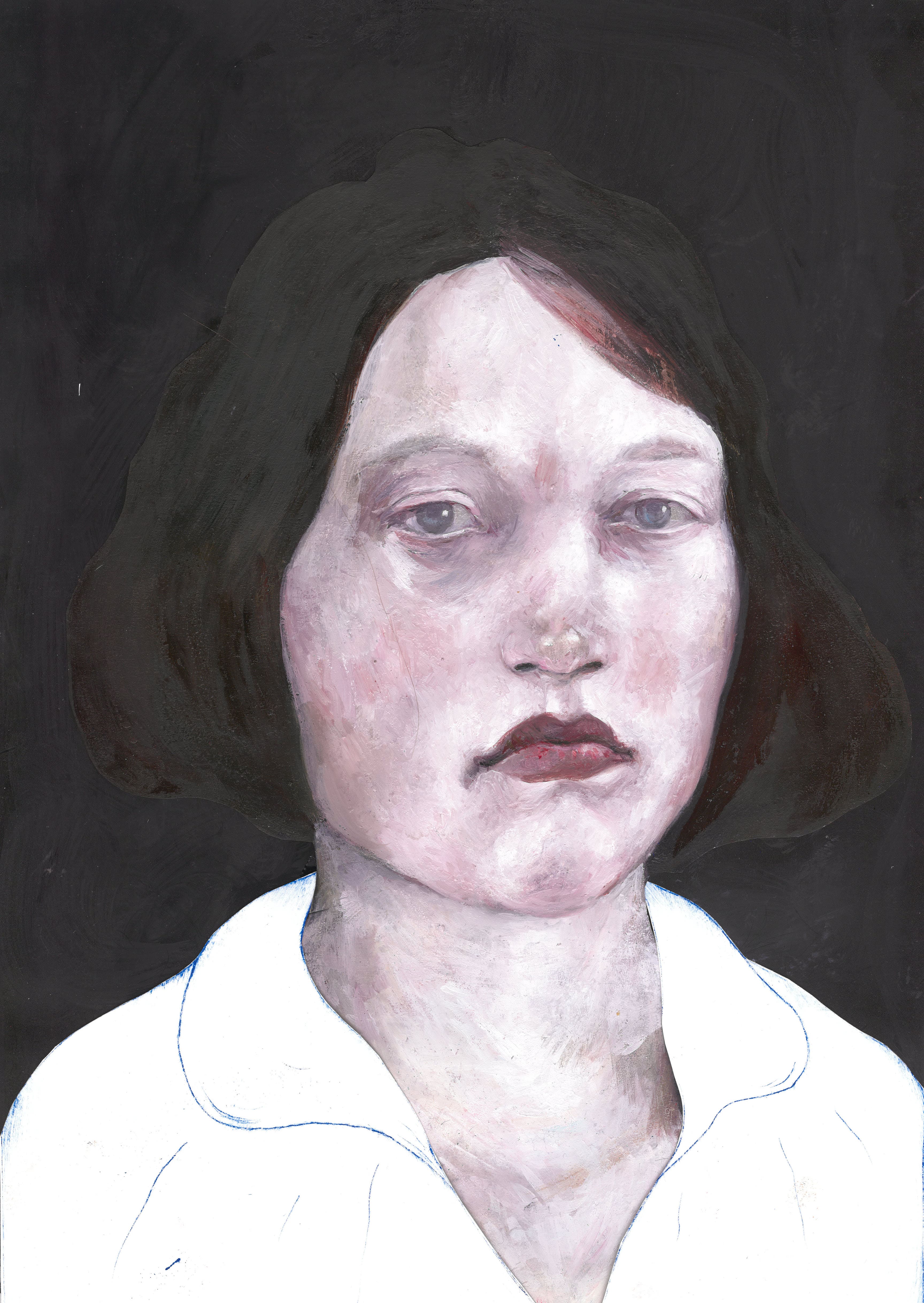 EvaOil paint on paper, collage with photo material and etching, 28 x 44cmSerie: Melancholic Portraits2020-2021