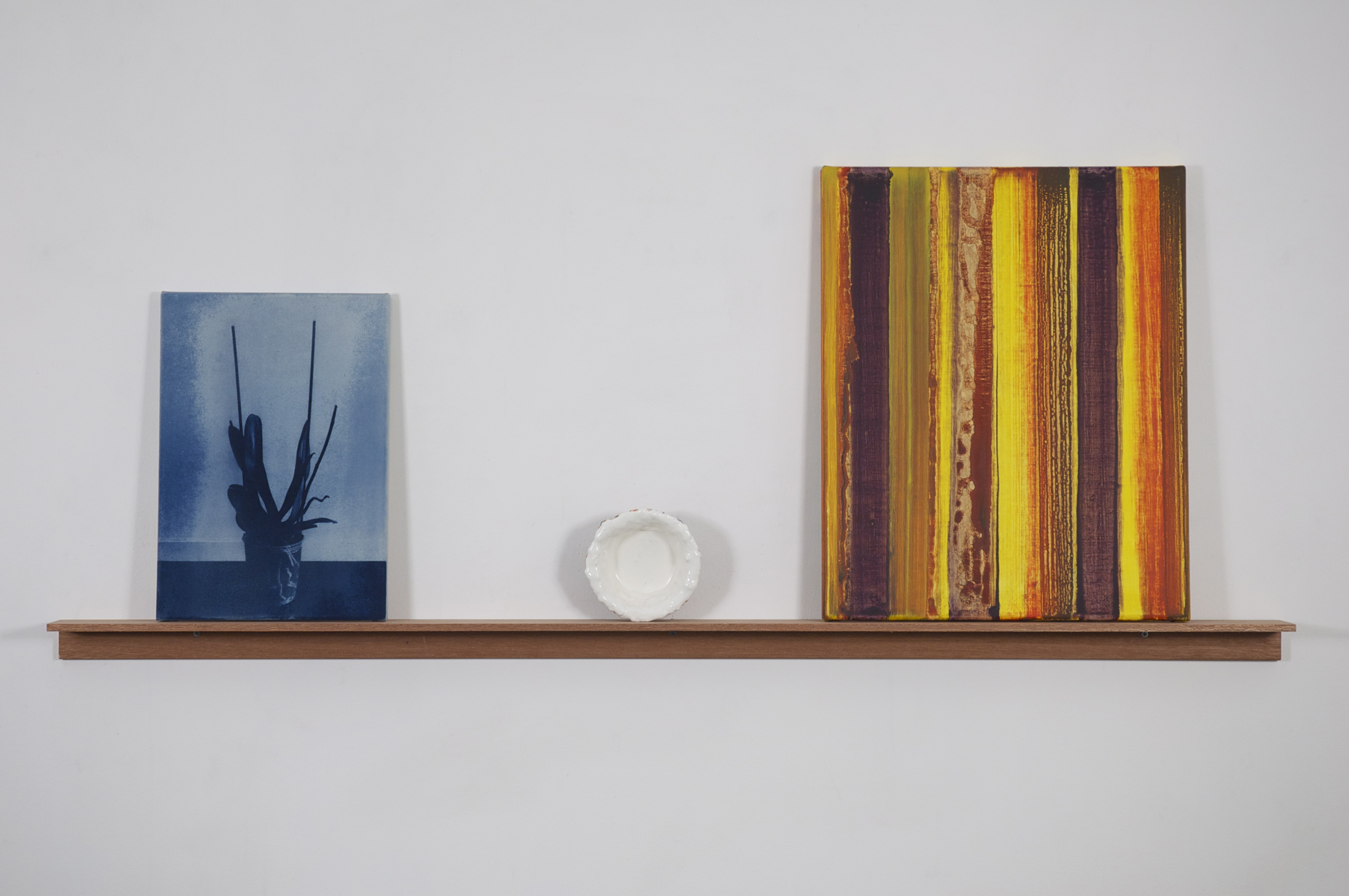 Untitled 2015, cyanotype, acrylic and alkyd on canvas and glass bowl on shelf, 55 x 135 cm, AkzoNobel Art Collection