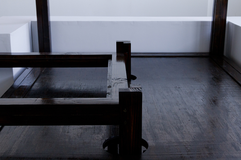 Untitled, variable size, wood, plywood, screen, glass, towel, water, stain, paint