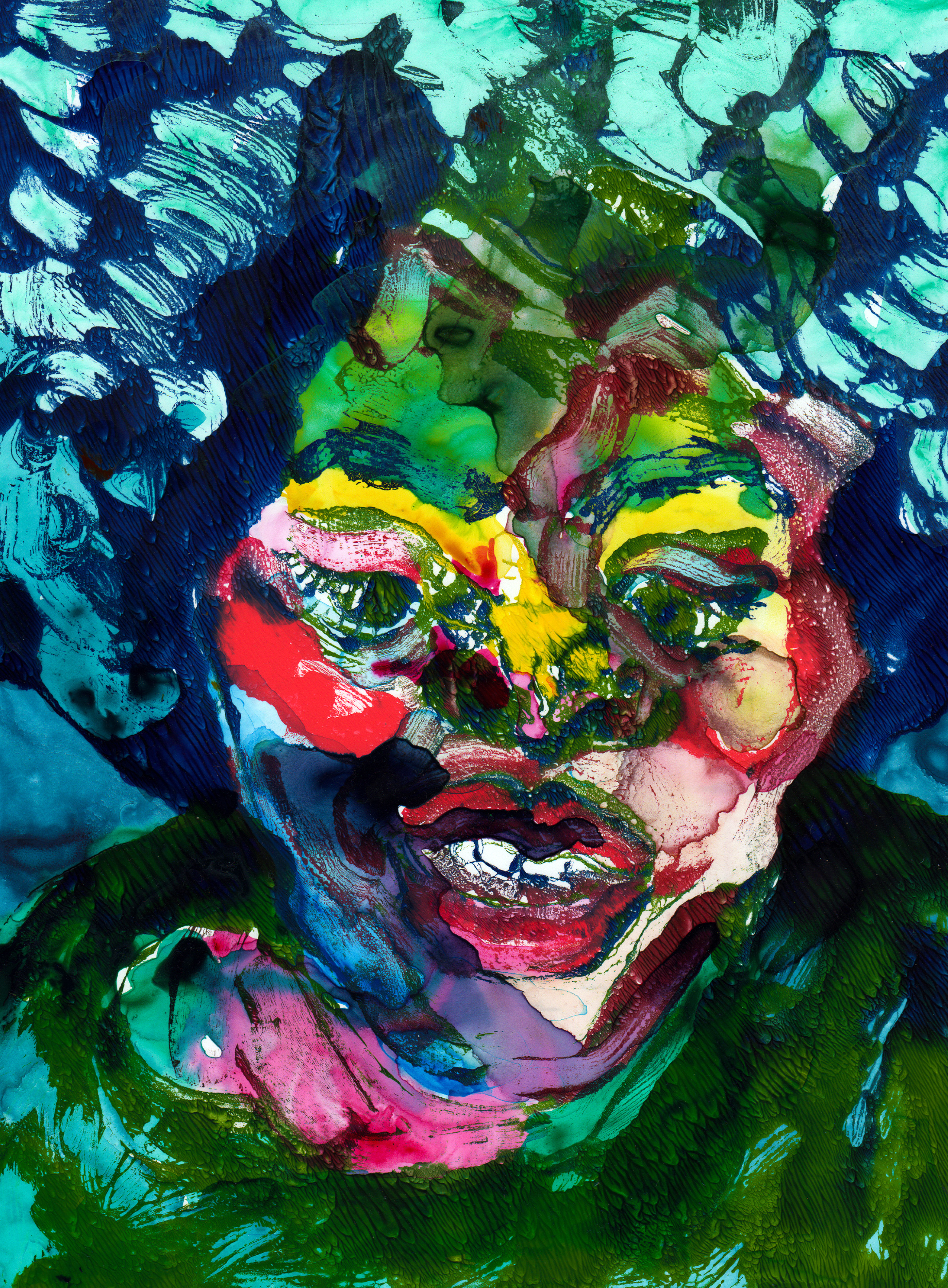 Covered in Pollen (Multi-Colored), 2022. Gel Monoprint, Acrylic on Paper, 9 x 12 inches.