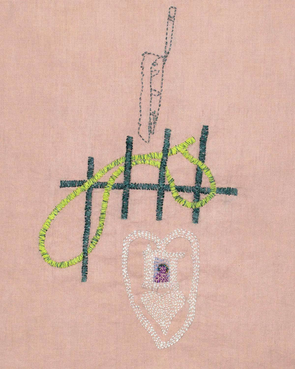 Metakinisi 3. Avocado pit dyed cotton embroidered with raw silk, acrylic, metallic, viscose and linnen yarn. 32 x 24 cm.