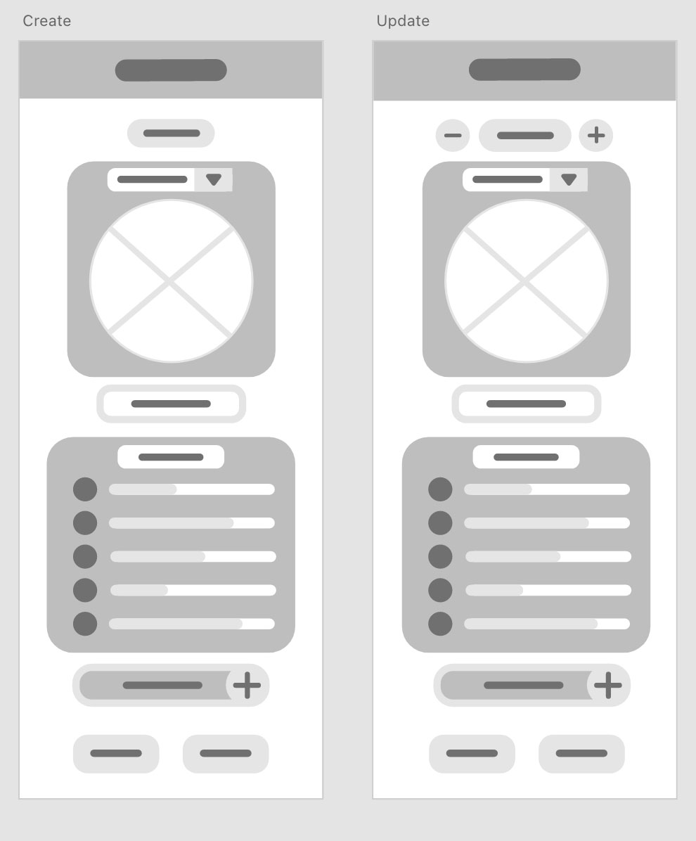 Character Create and Update page wireframes
