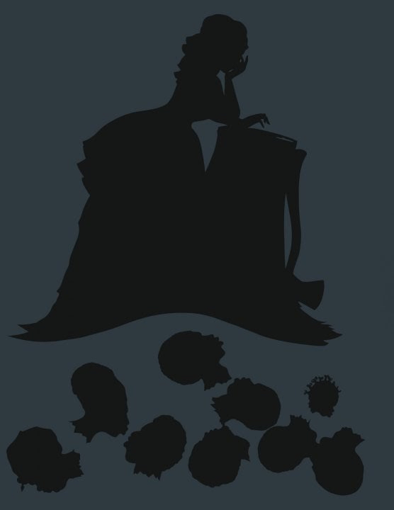 Print that resembles a Victorian silhouette portrait featuring a solid black shape of a woman in a dress leaning against a stump with a ax, floating above a collection of ten or so disembodied head silhouettes, all against a flat gray-blue background.