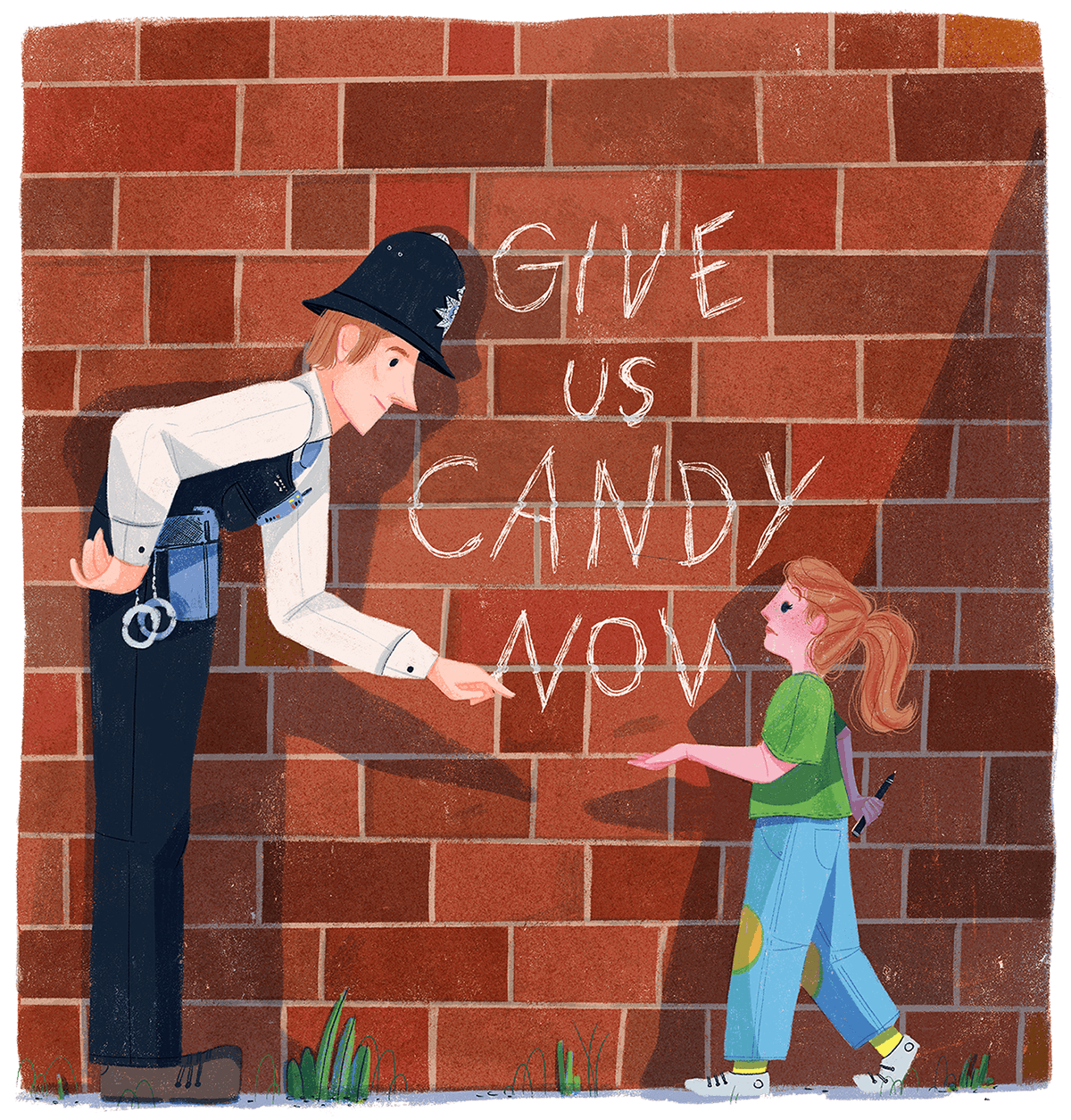 A policeman catching a girl graffitiing on a public wall.