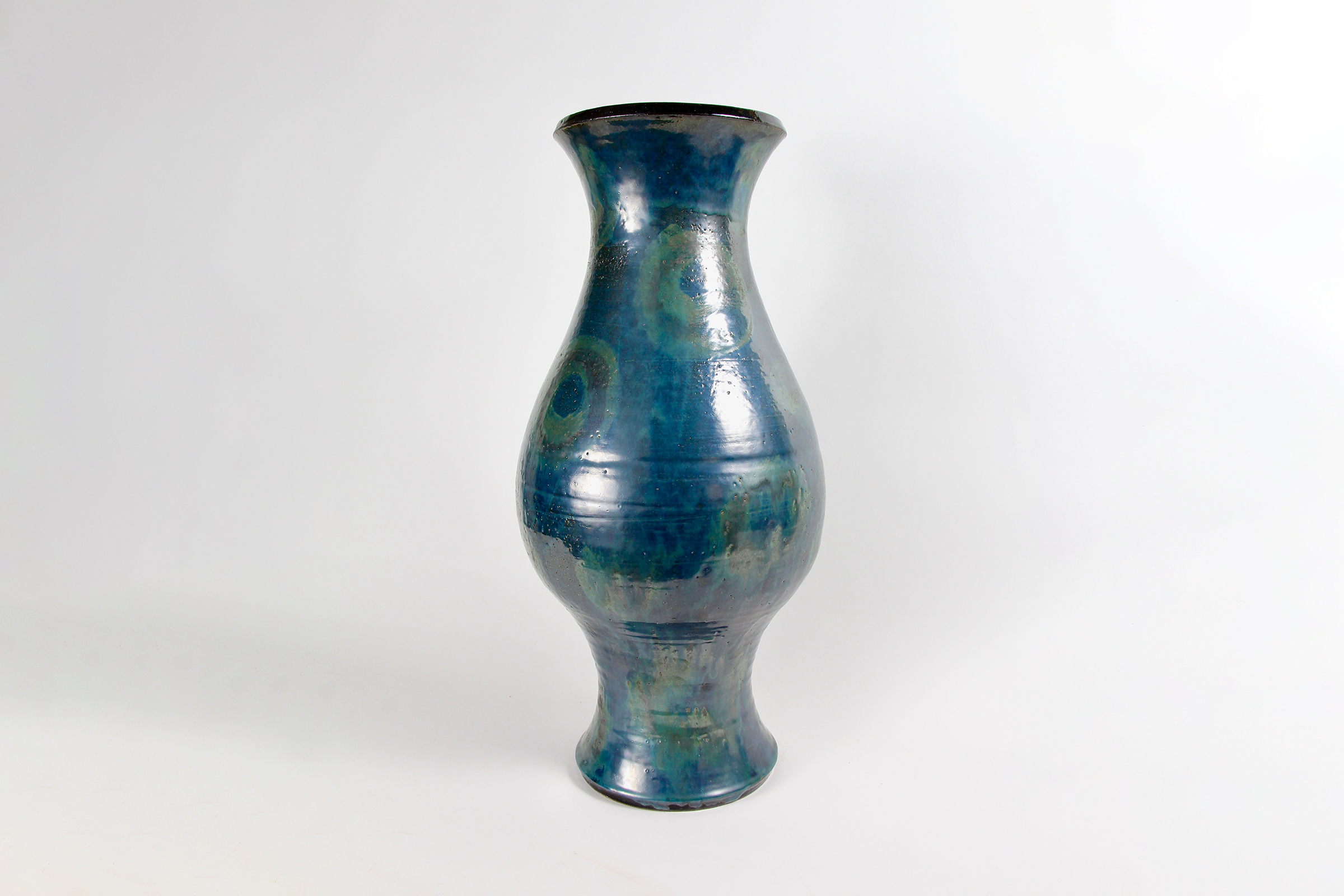 Vessel 3Dark brown stoneware, Tenmoku liner glaze, rutile wash, transparent blue/green glaze, 24&rdquo;x12&rdquo;x12&rdquo; 2023