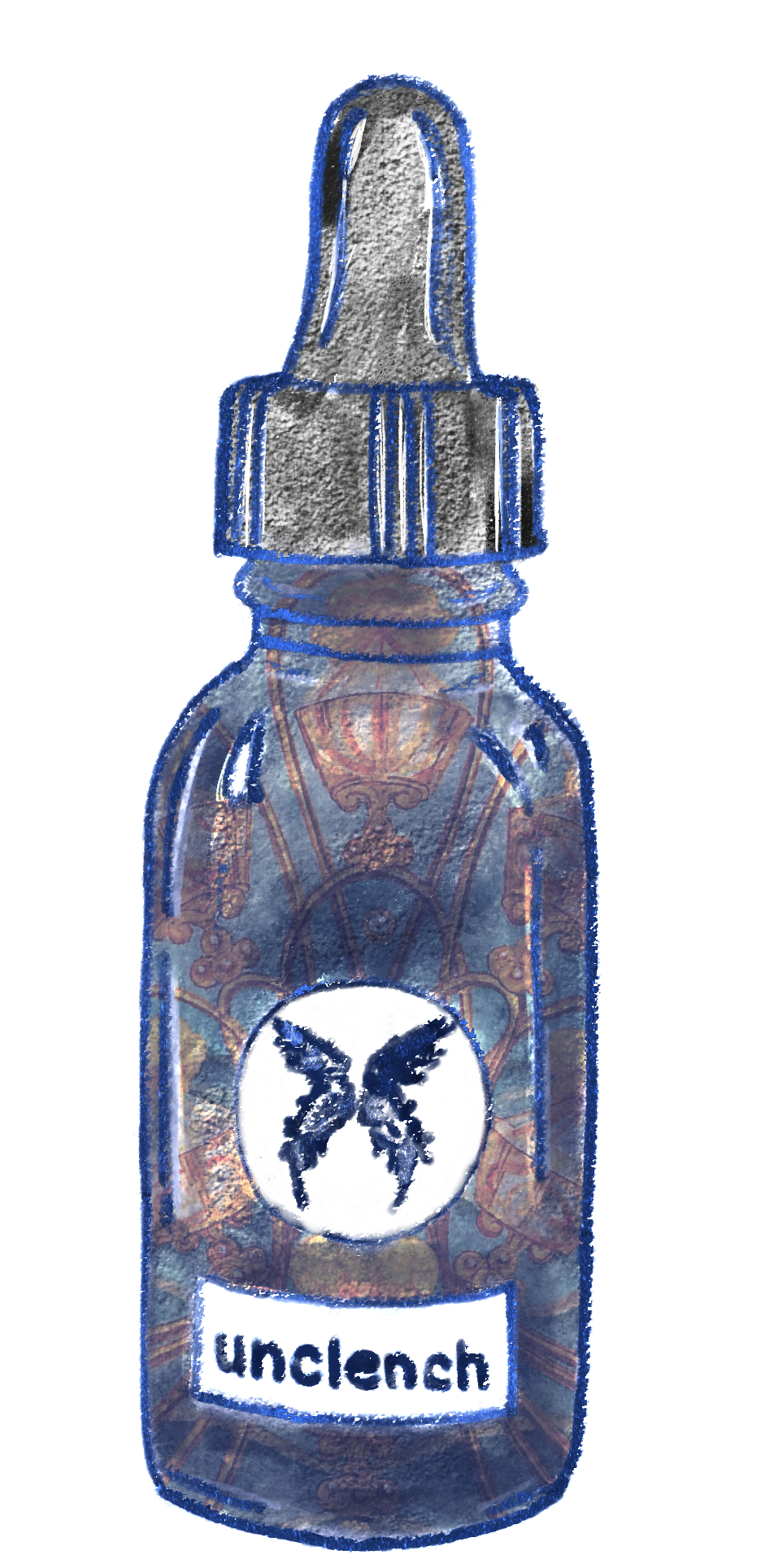 vero's illustration of a blue-tinted glass dropper bottle with butterfly logo and label "unclench" and the image of 6 of cups from thoth tarot contained within the translucent bottle