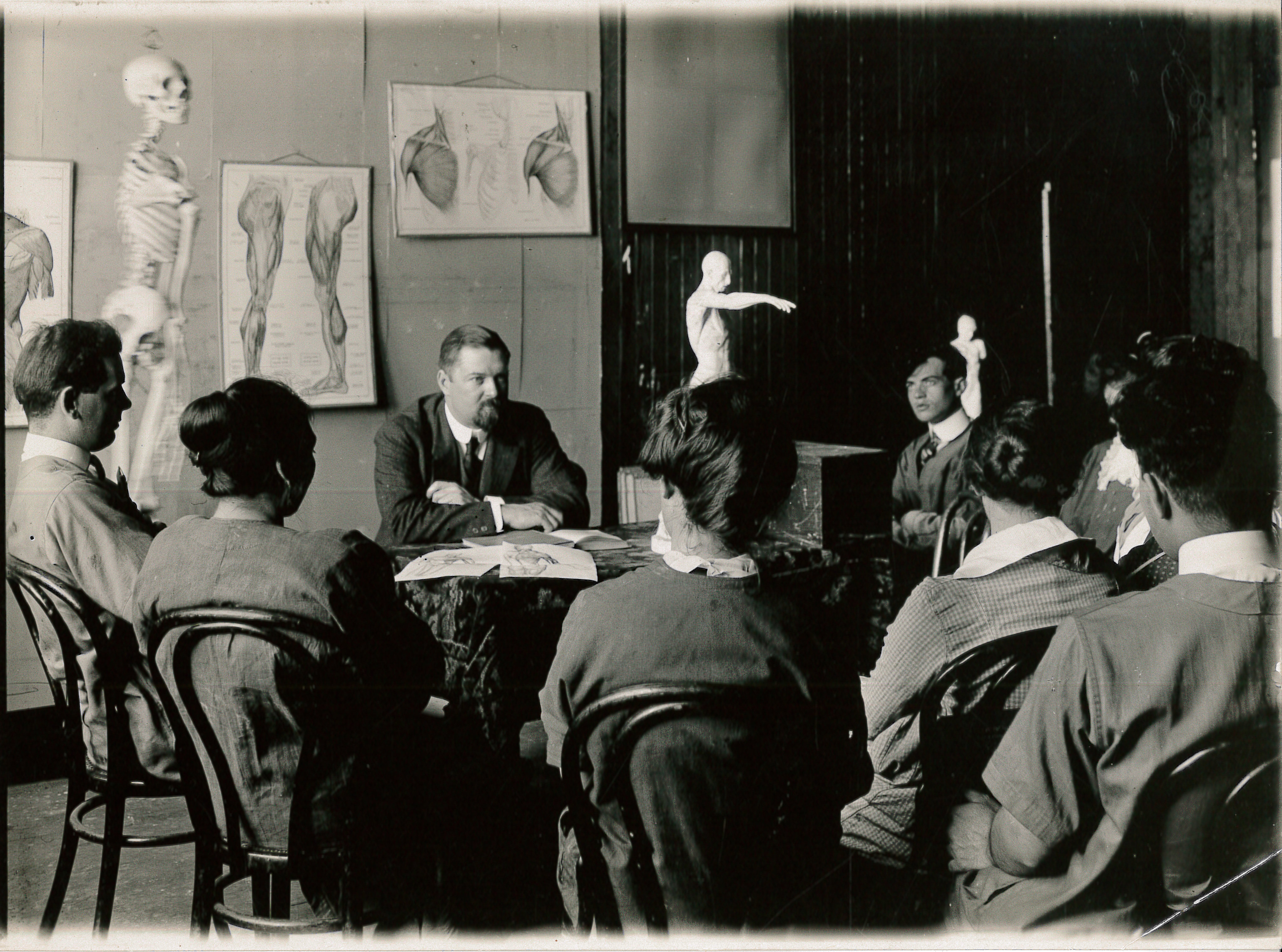 Bonesy in an anatomy class, c. 1915.
