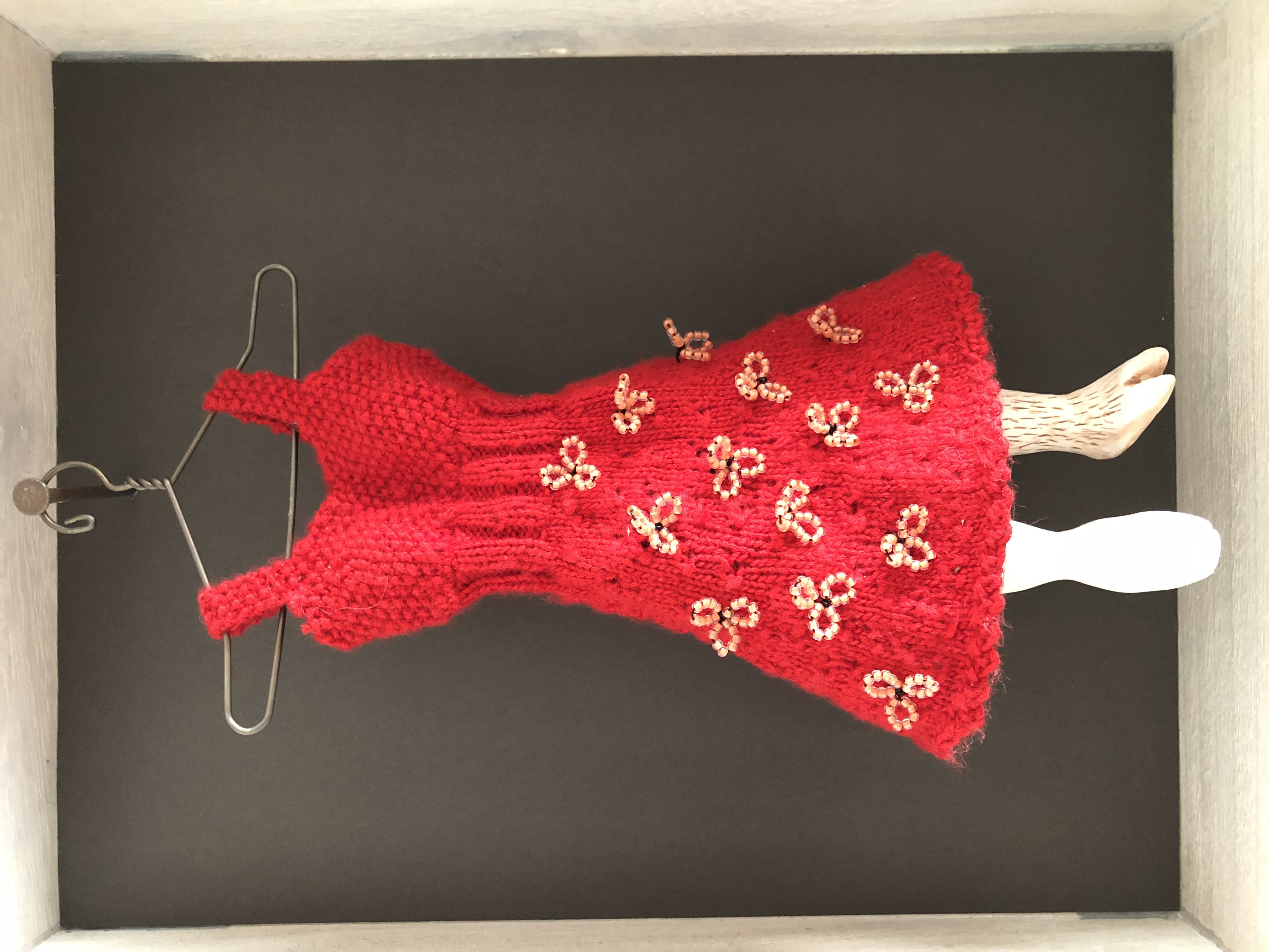 Little Red Dress, SOLD → knitted yarn, porcelain, glass beads, wire