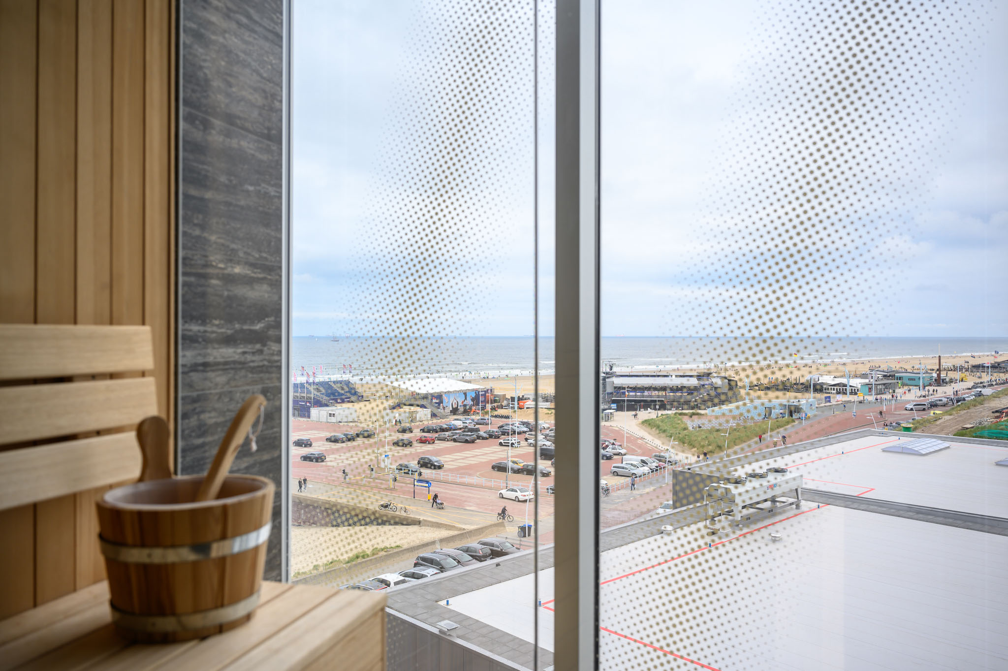 Sauna that's part of one of the rooms of the Intell hotel with a view on the surf beach.