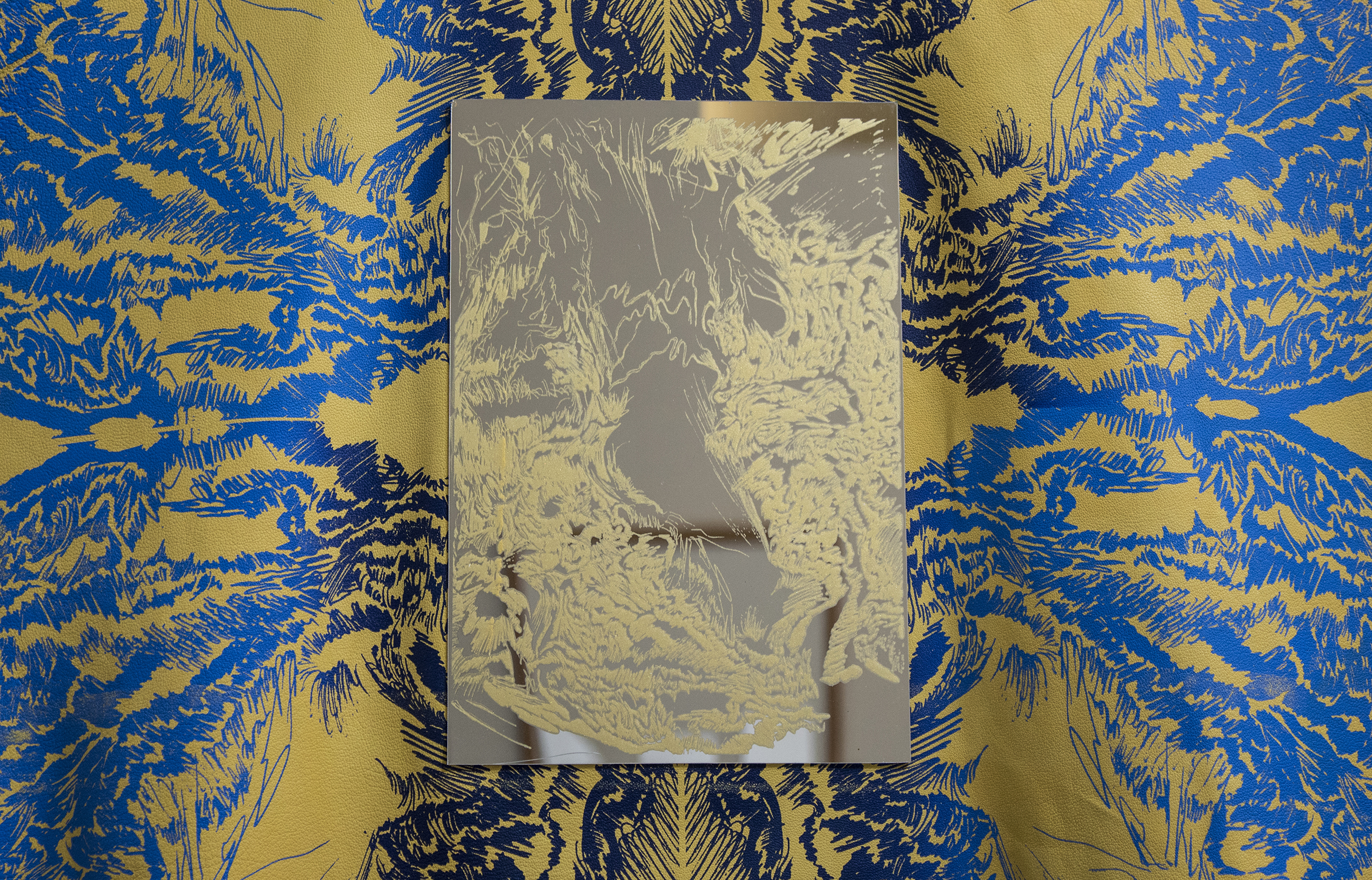 Cascade (detail) (2019), silkscreen on leather, 39 x 27 in / 99.06 x 68.6 cm