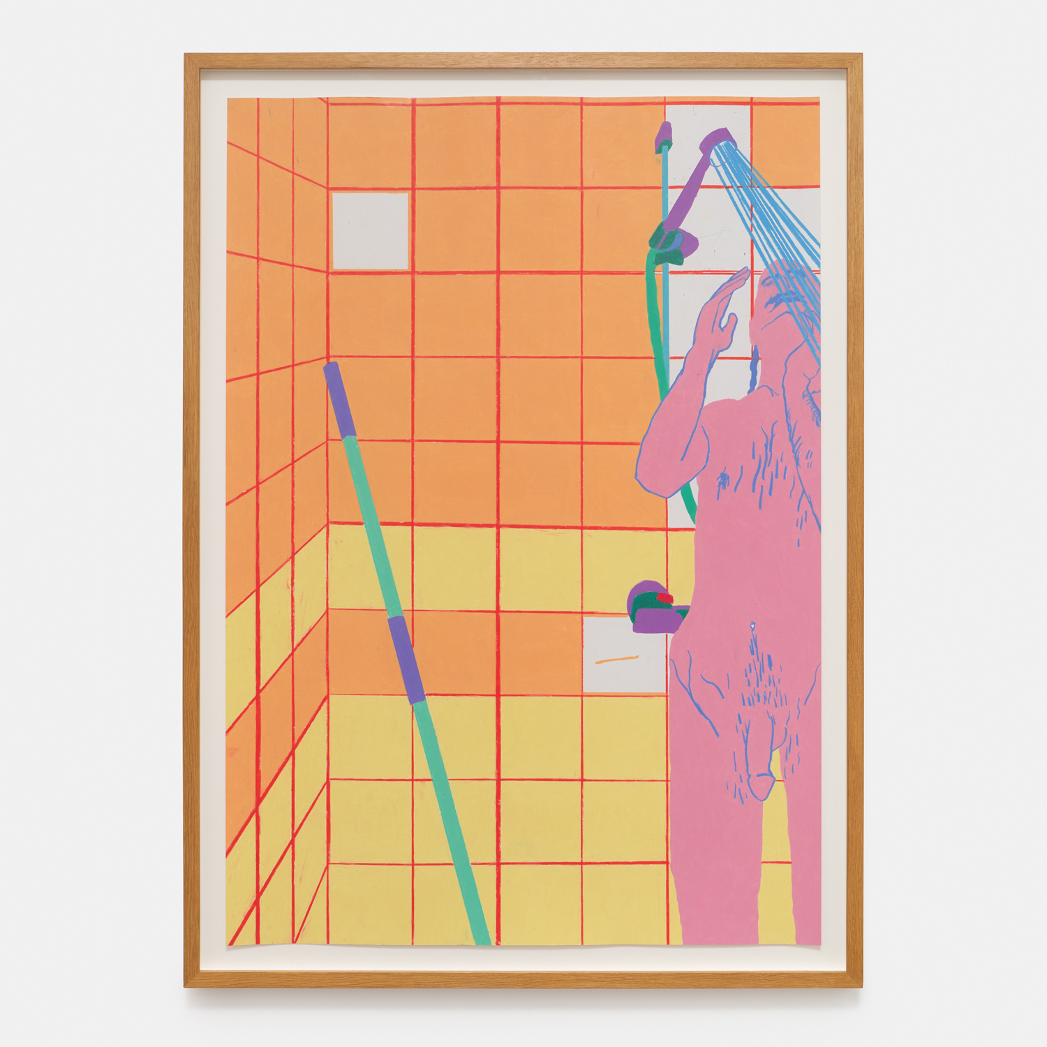 Navot Miller, Boy in Shower, 2022, Water-Soluble, Wax Pastel on Paper, Museum Glass, Oakwood frame, 100 x 70 cm, (NM-020422)