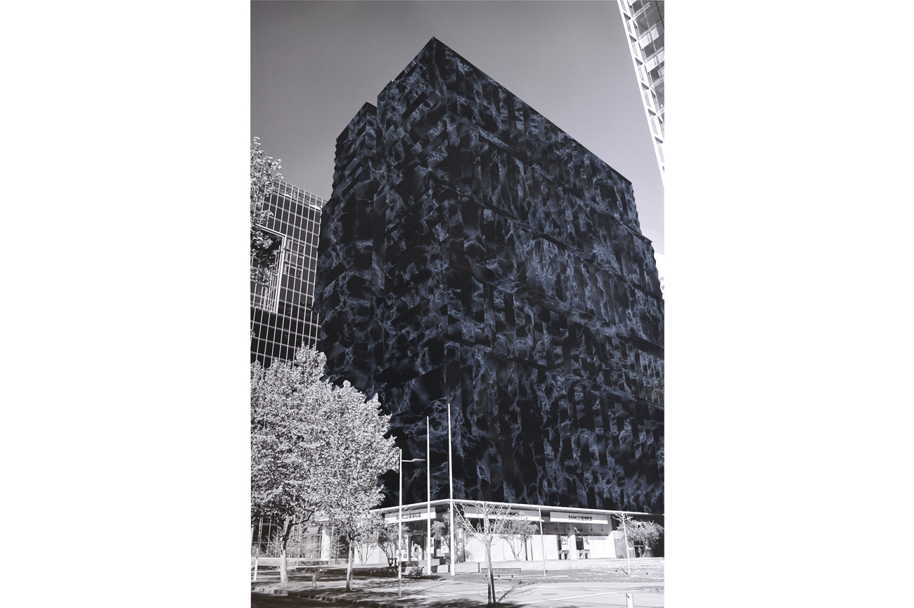 Patrick HamiltonProyecto de Arquitecturas Revestidas para la ciudad de Santiago (Edificio Nueva Las Condes), 2020PVC marble on black and white photography160 x 110 cm