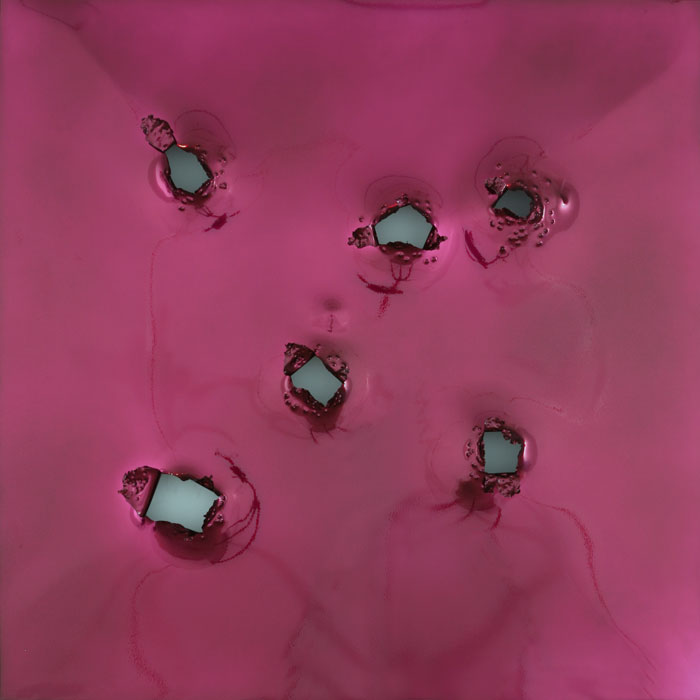 Saint Sebastian 1, 2010, Gunshot powdercoated stainless steel, 42x42in