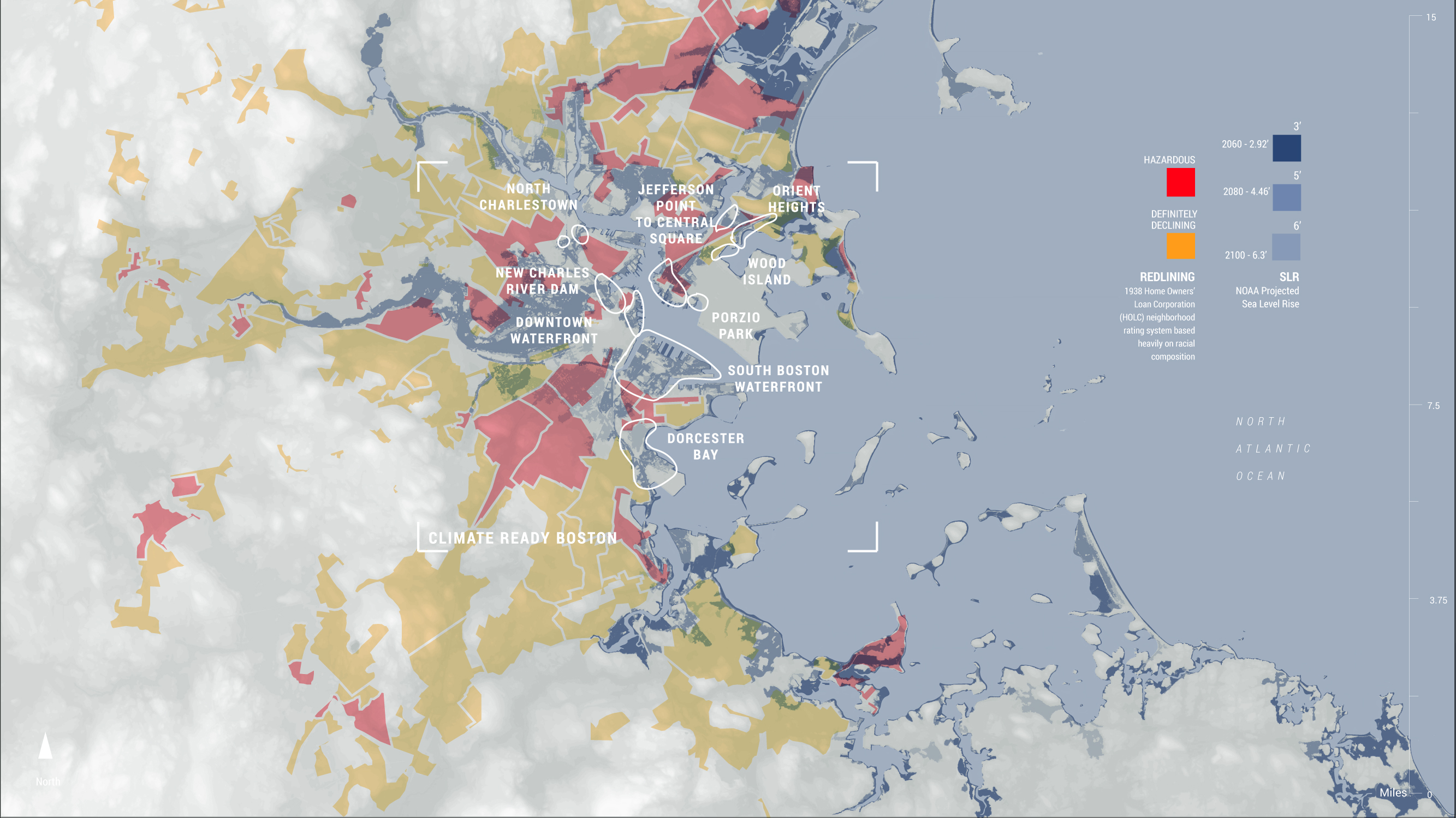 Fig. 52 Climate Ready Boston locations, sea level rise, and 1938 Redlining by the Home Owners’ Loan Corporation which categorized neighborhoods on their livability, based heavily on racial composition