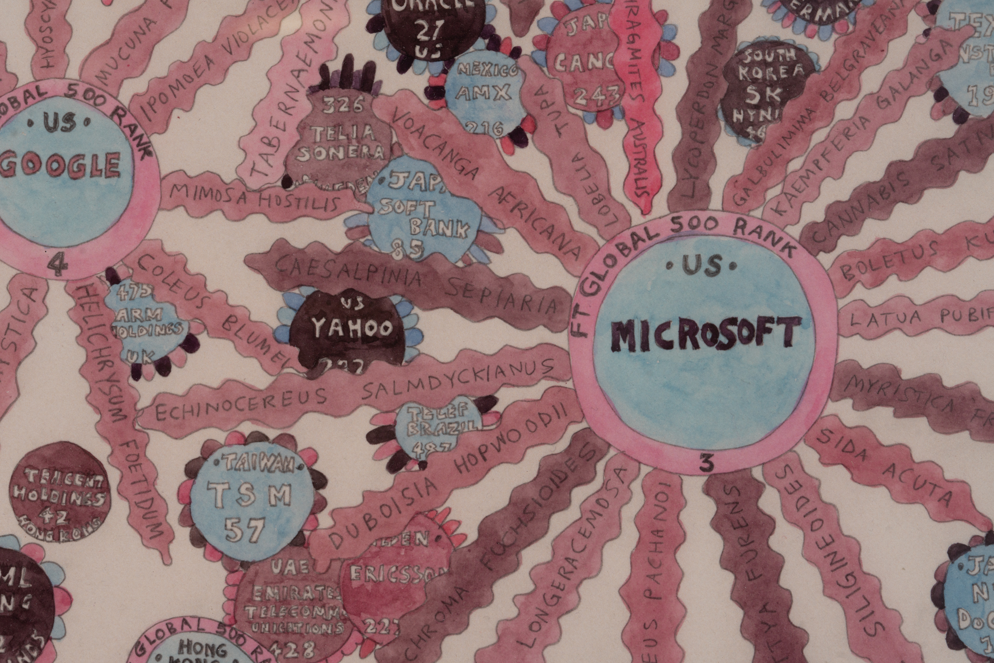 Detail of Suzanne Treister’s “HFT The Gardener/Diagrams/66 Technology Hardware, Equipment, Telecommunications, Software and Computer Services Companies”, 2014-2015. Image by Rob Ventura.