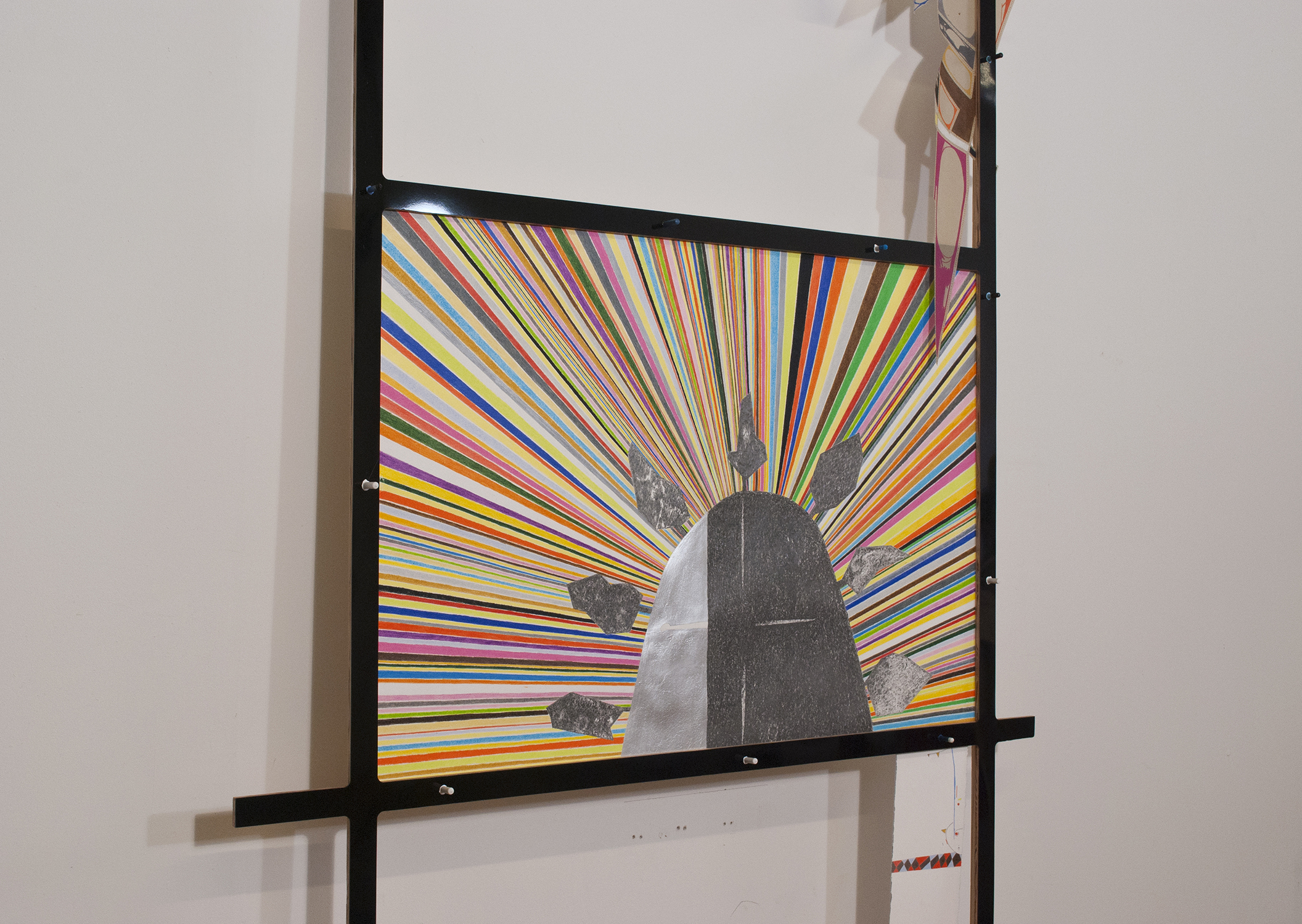 fourteenth station  Graphite, colored pencil, and aluminum leaf on paper and mylar. Wood, Formica and acrylic paint.   2012 - 83 x 34 x 3